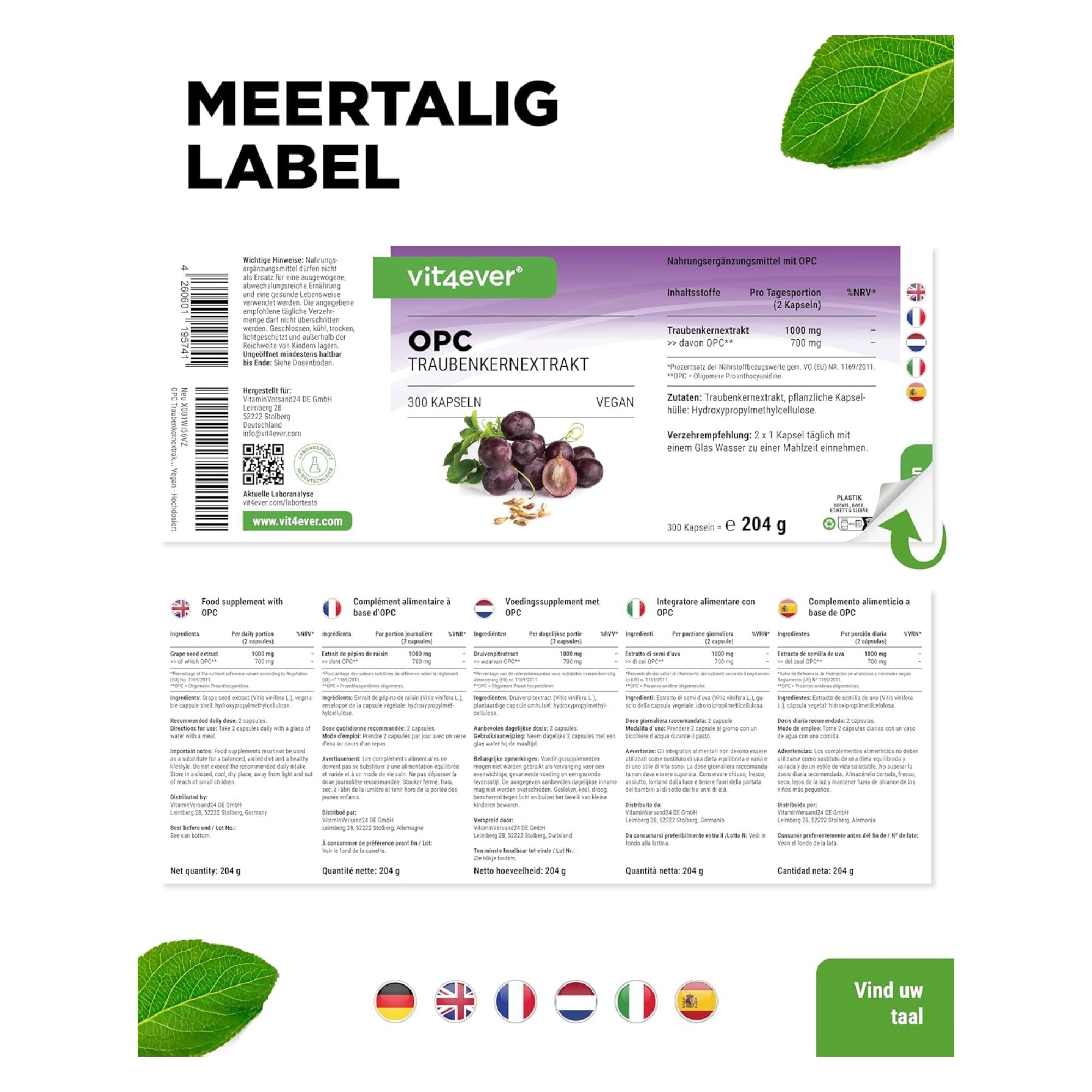 OPC-Traubenkernextrakt 1000 mg | 300 Kapseln | Vit4ever