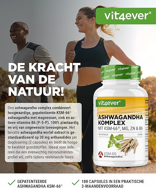 Ashwagandha KSM-66 Komplex (mit Magnesium, Zink & Vitamin B6) | 180 Kapseln | Vit4ever