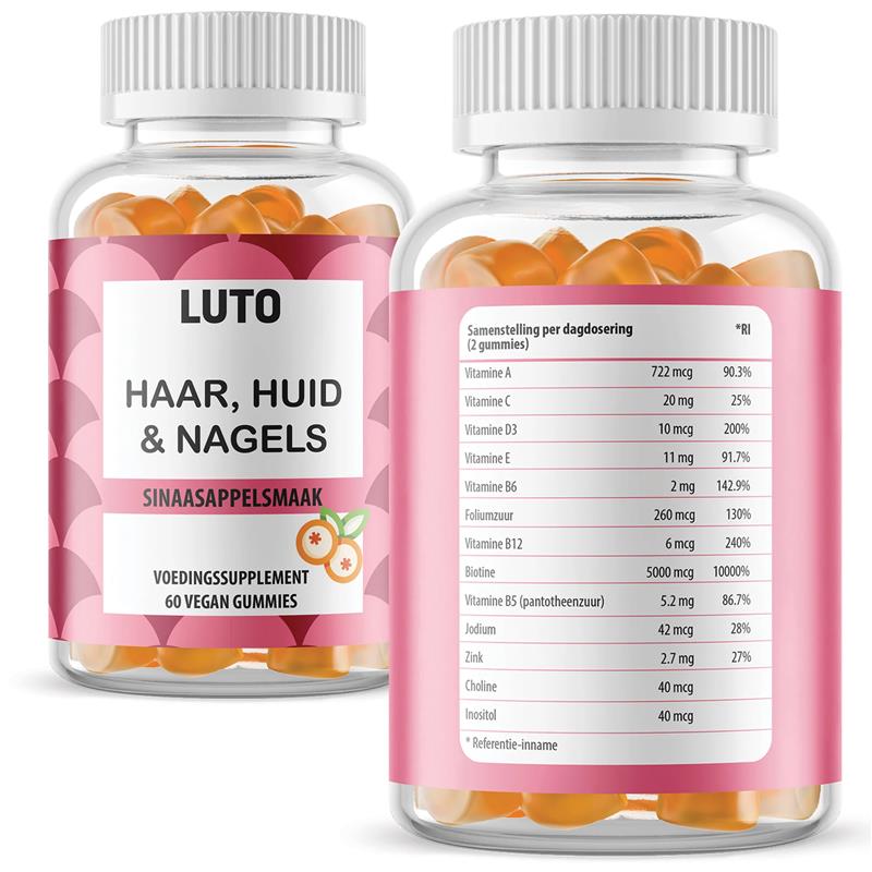 Haar-, Haut- & Nagelgummibärchen | Vitamin C, Biotin, Folsäure | 60 orangefarbene Gummibärchen | LUTO-Nahrungsergänzungsmittel