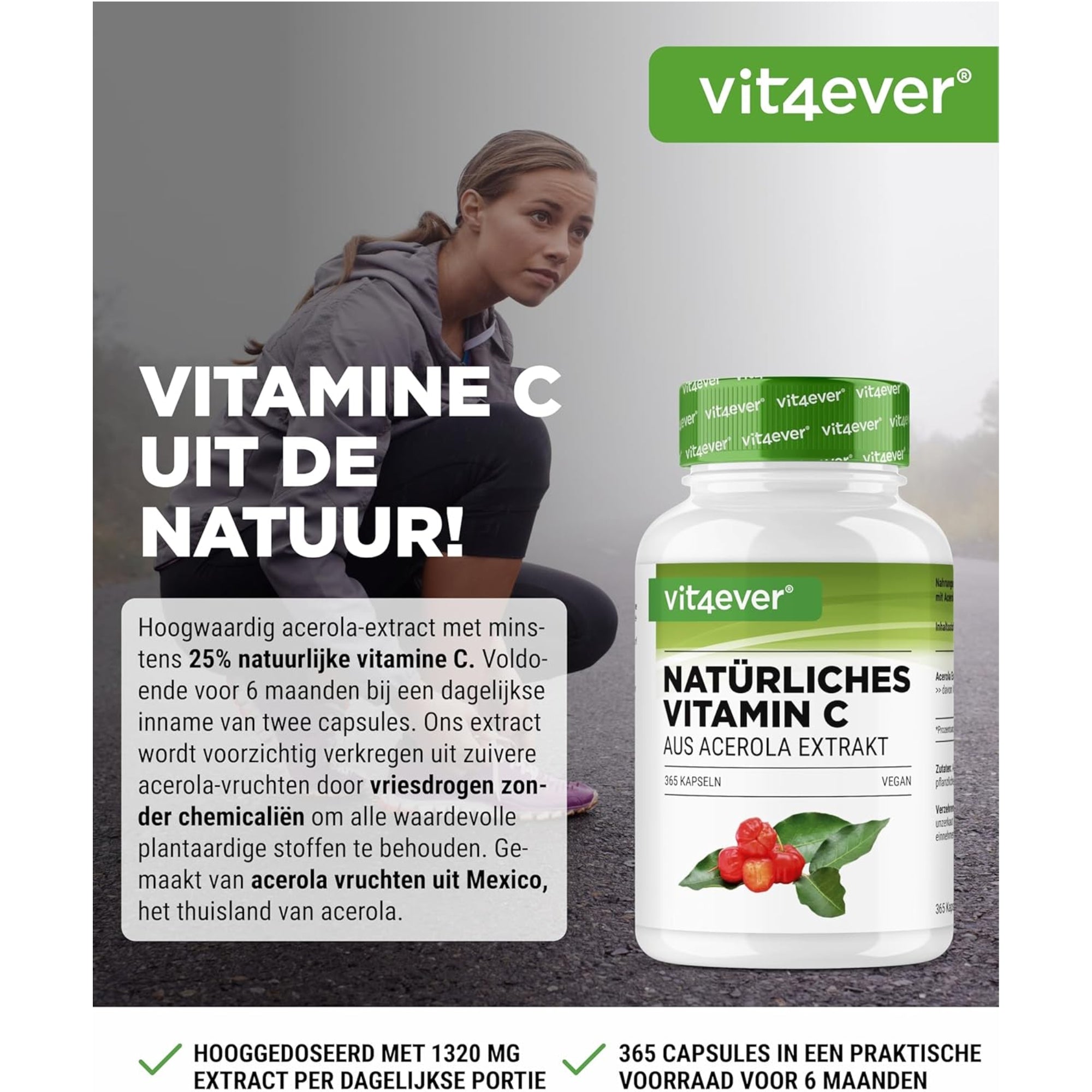 Natürliches Vitamin C aus Acerola (Acerola-Extrakt) 330 mg | 180 Kapseln | Vit4ever