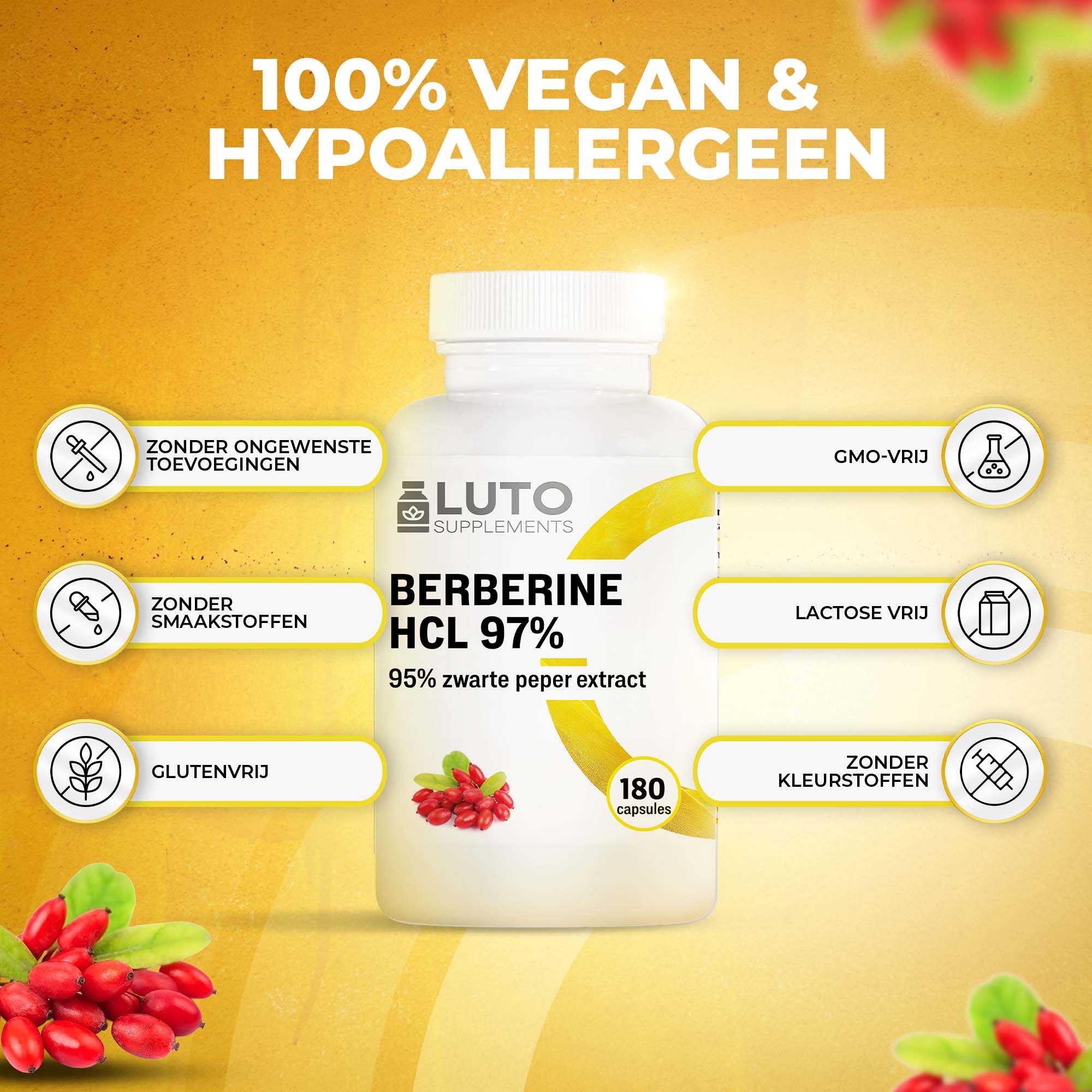 Berberin HCL 97 % + Schwarzer Pfefferextrakt | 180 vegane Kapseln | LUTO Supplements
