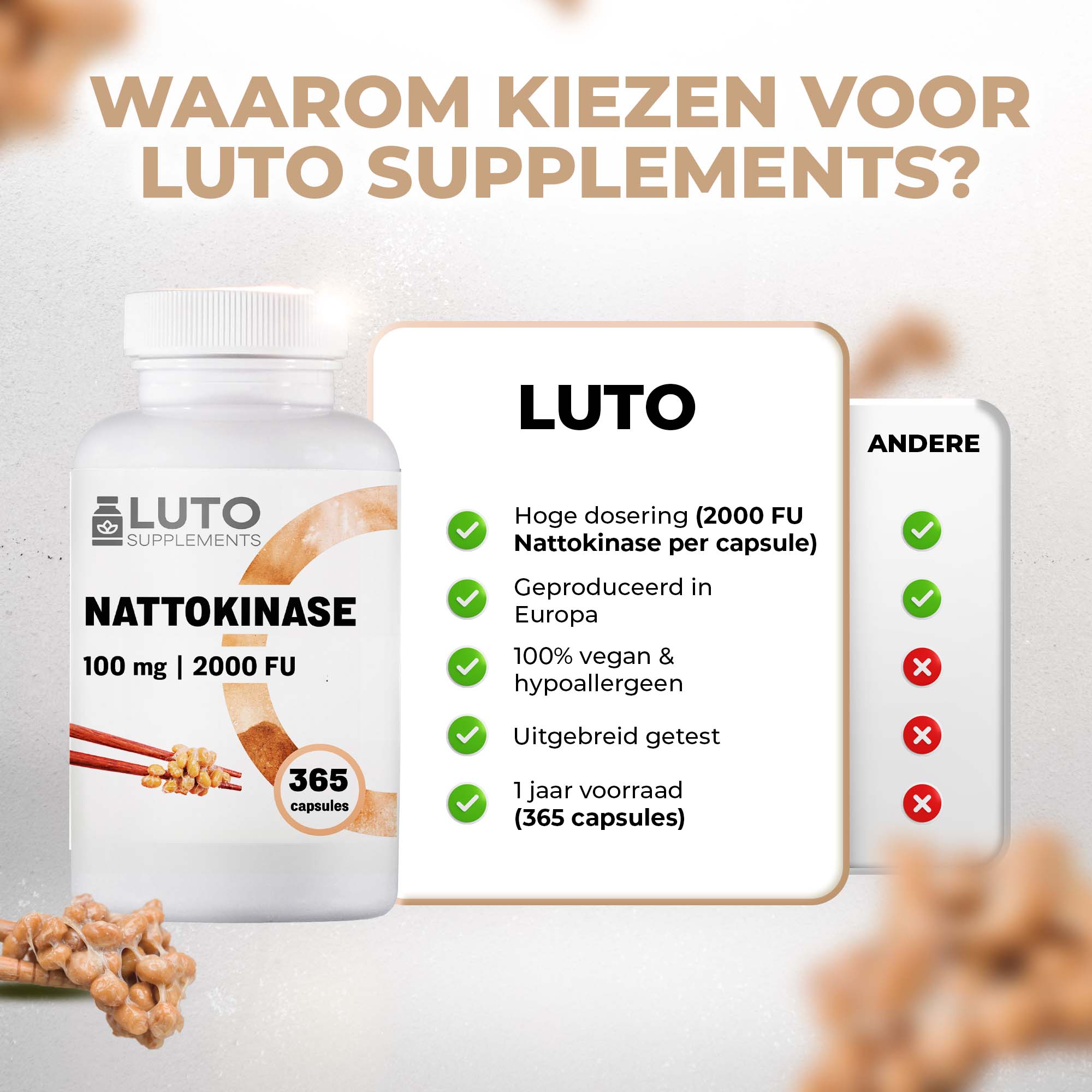 Nattokinase 100 mg 20.000 FU/g | 365 Kapseln | LUTO Supplements