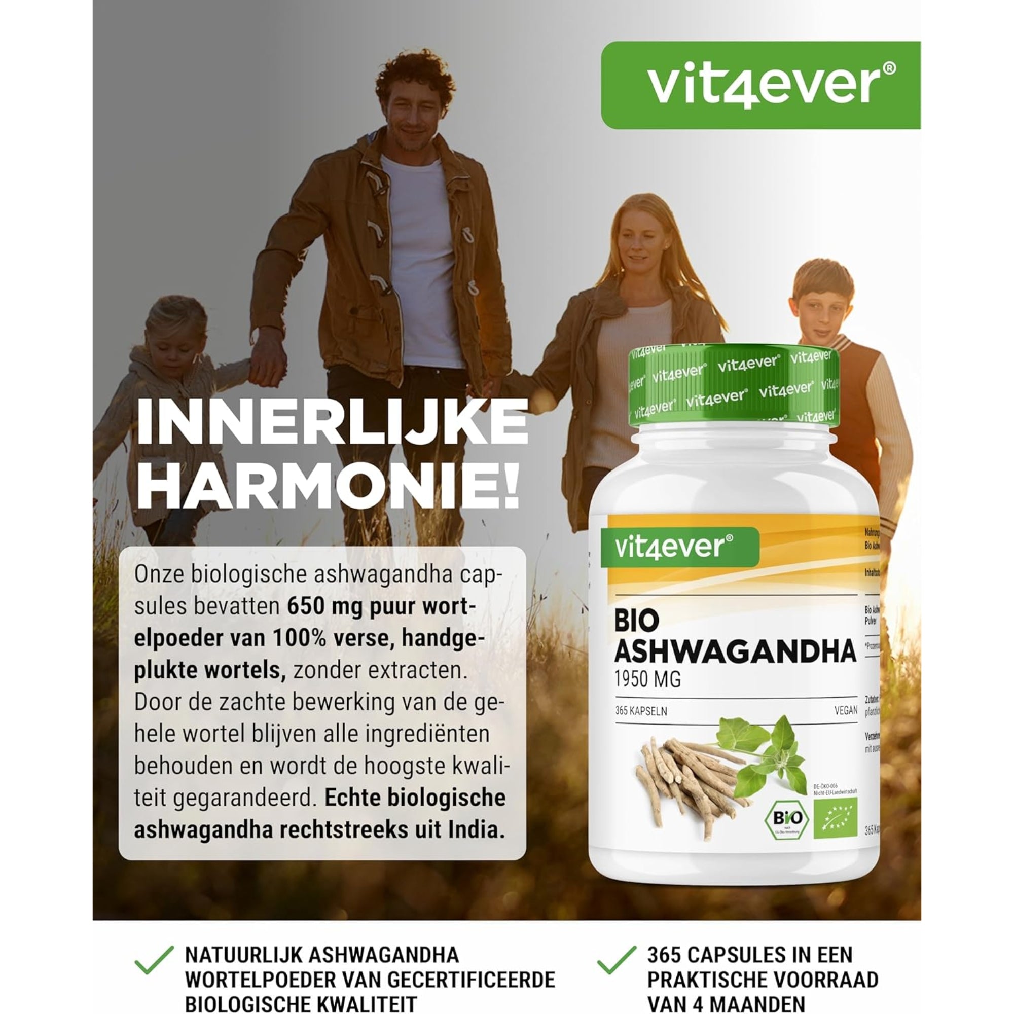 Bio-Ashwagandha (Withania somnifera) 1950 mg | 365 Kapseln | Vit4ever