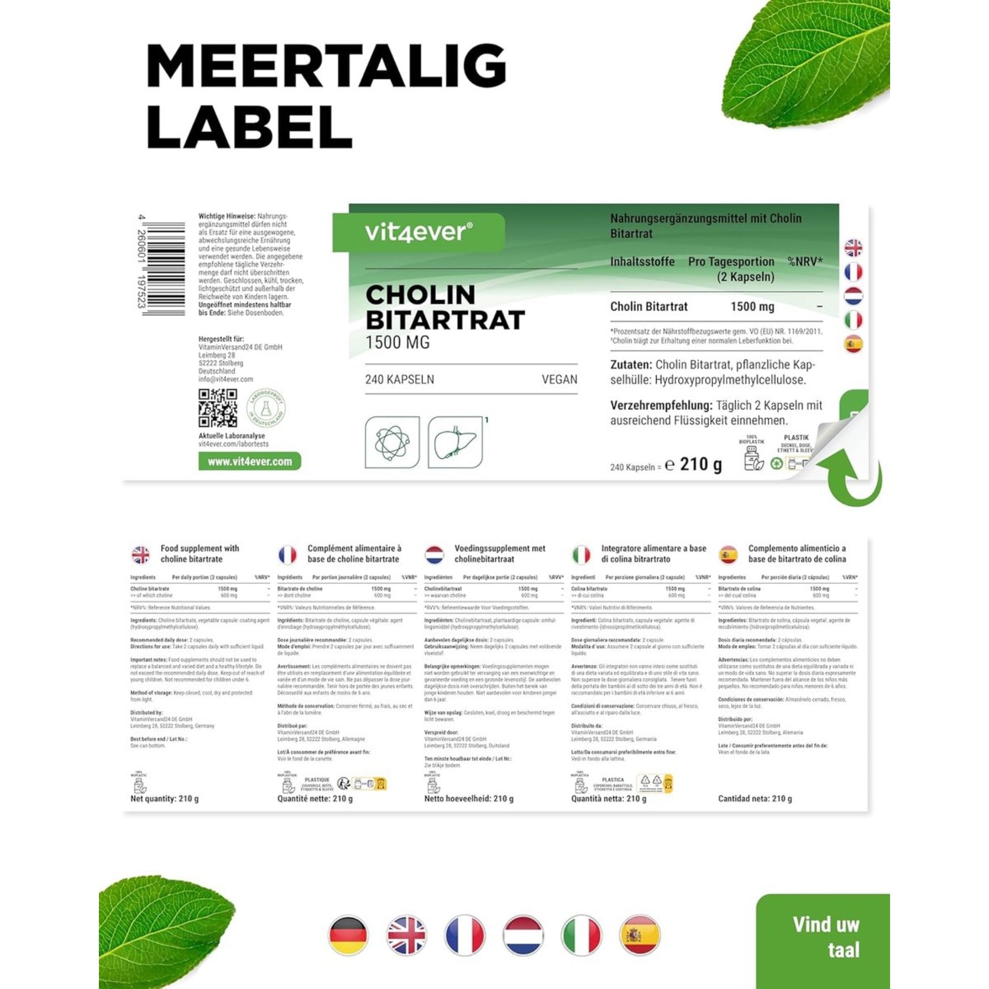 Cholinbitartrat 750 mg | 240 Kapseln | Vit4ever