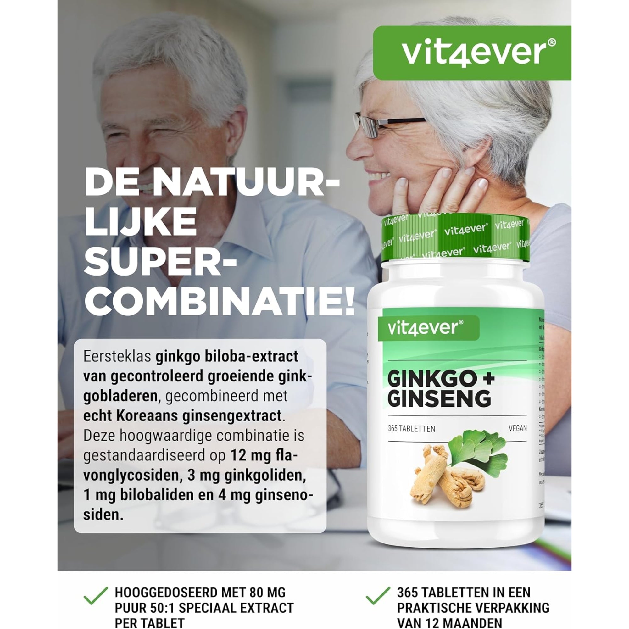 Ginkgo- und Ginseng-Extrakt 50:1 | 365 Tabletten | Vit4ever
