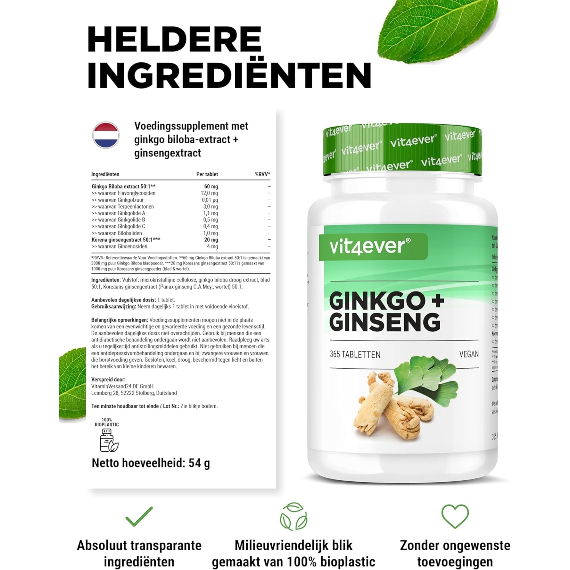 Ginkgo- und Ginseng-Extrakt 50:1 | 365 Tabletten | Vit4ever