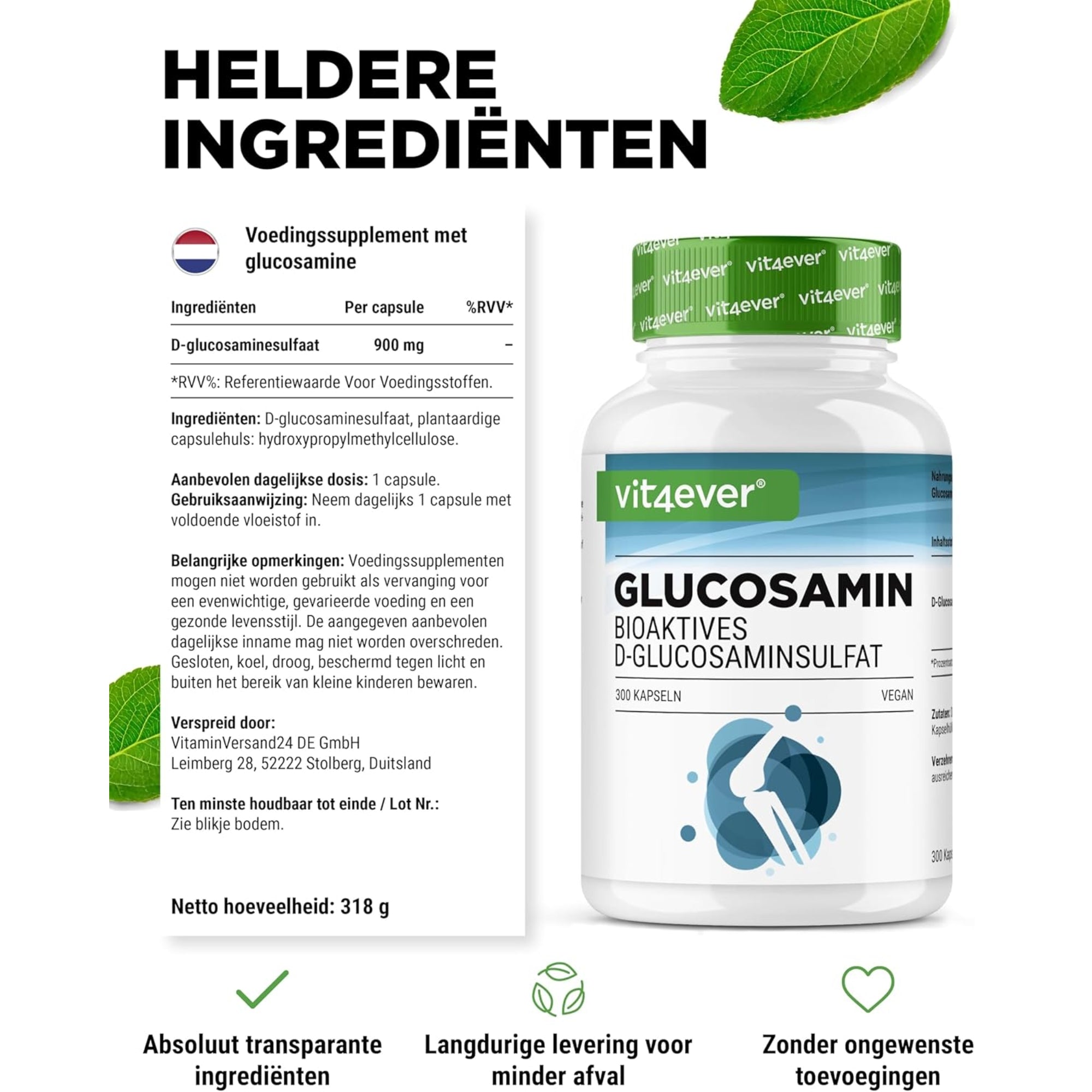 Glucosamin (D-Glucosaminsulfat) 900 mg | 300 Kapseln | Vit4ever