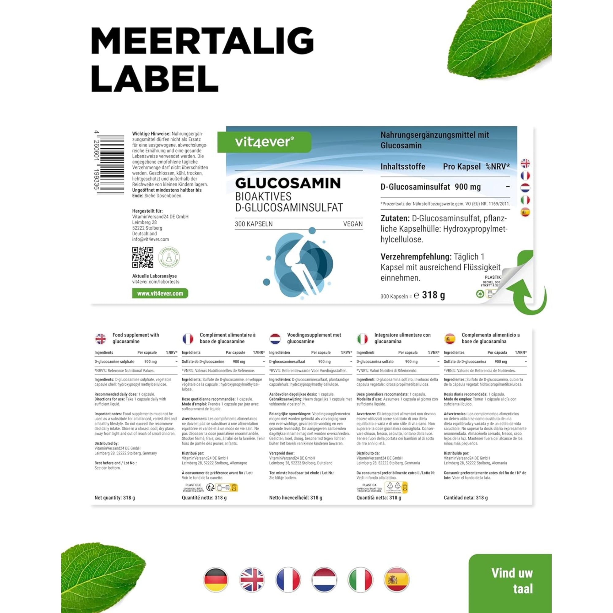 Glucosamin (D-Glucosaminsulfat) 900 mg | 300 Kapseln | Vit4ever