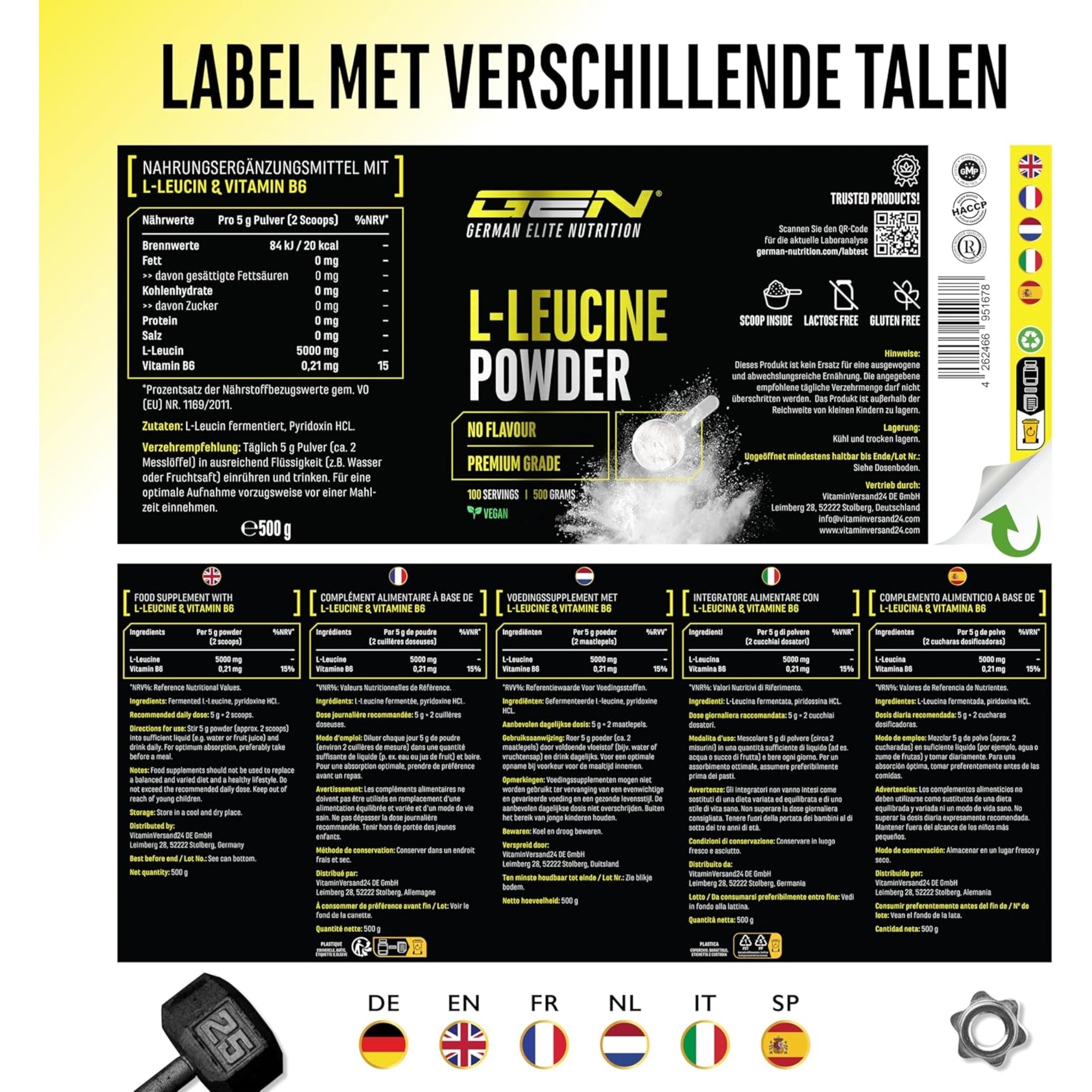 L-Leucin-Pulver 5000 mg | 500 g | German Elite Nutrition