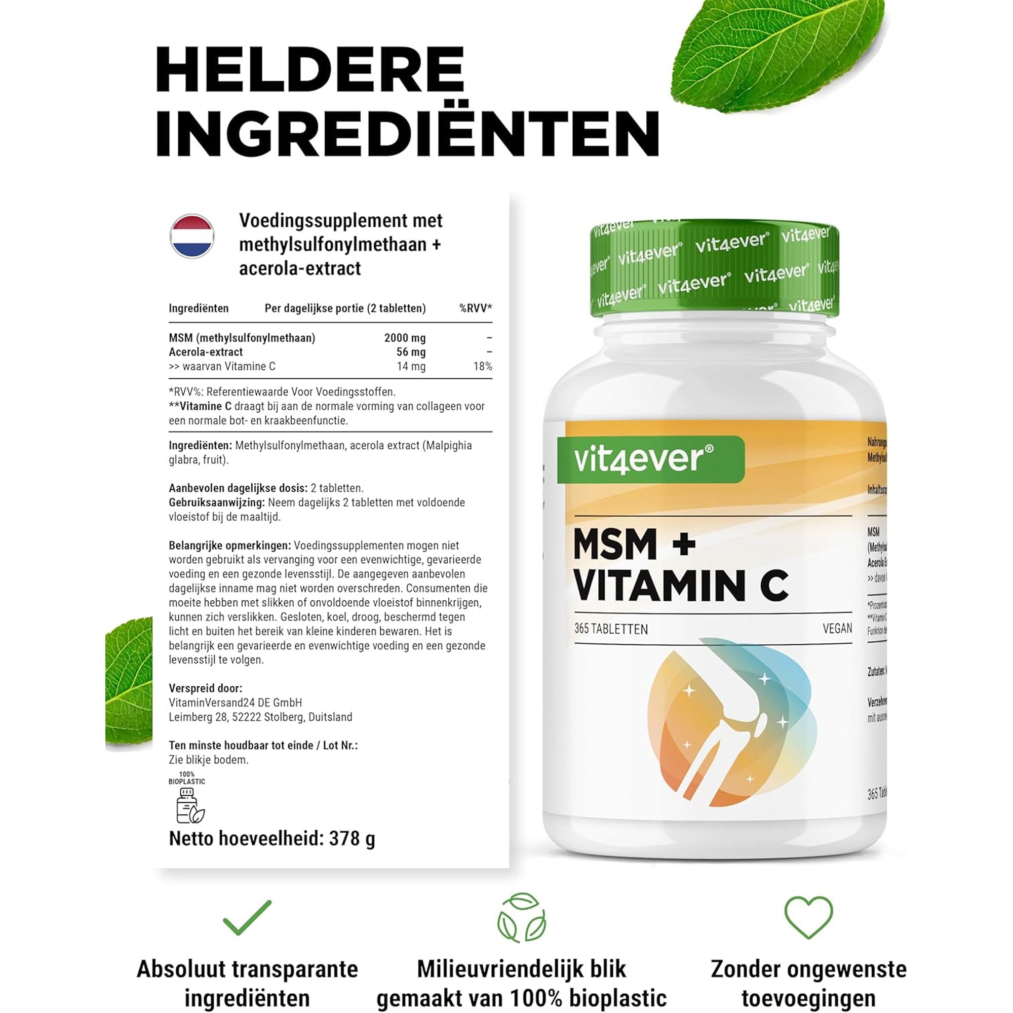 MSM + Vitamin C (Methylsulfonylmethan + Acerola-Extrakt) 2000 mg | 365 Tabletten | Vit4ever