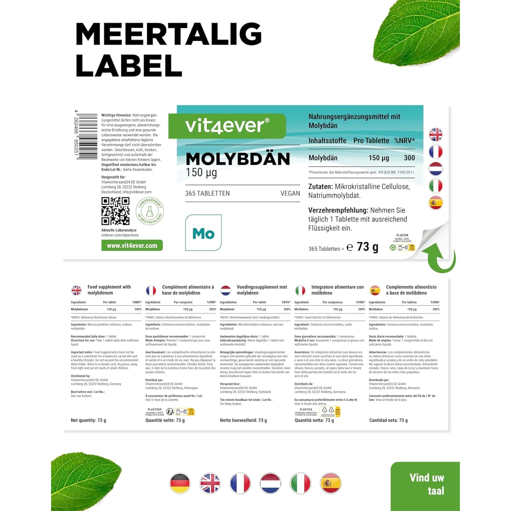 Molybdän 150 µg | 365 Tabletten | Vit4ever