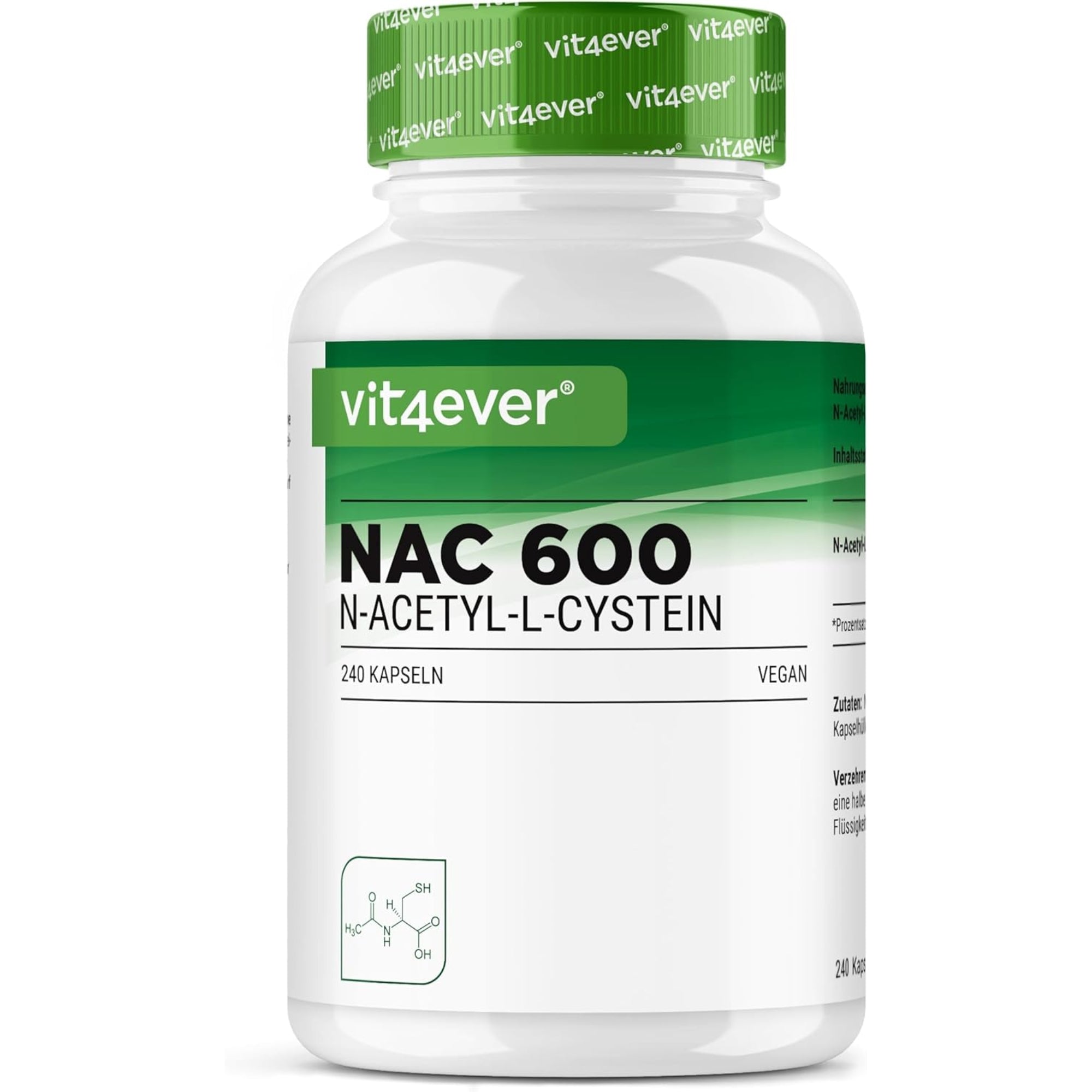NAC | N-Acetyl-L-Cystein | 180 Kapseln | 600 mg | 6-Monats-Vorrat | Vegan | Hochdosiert | Vit4ever