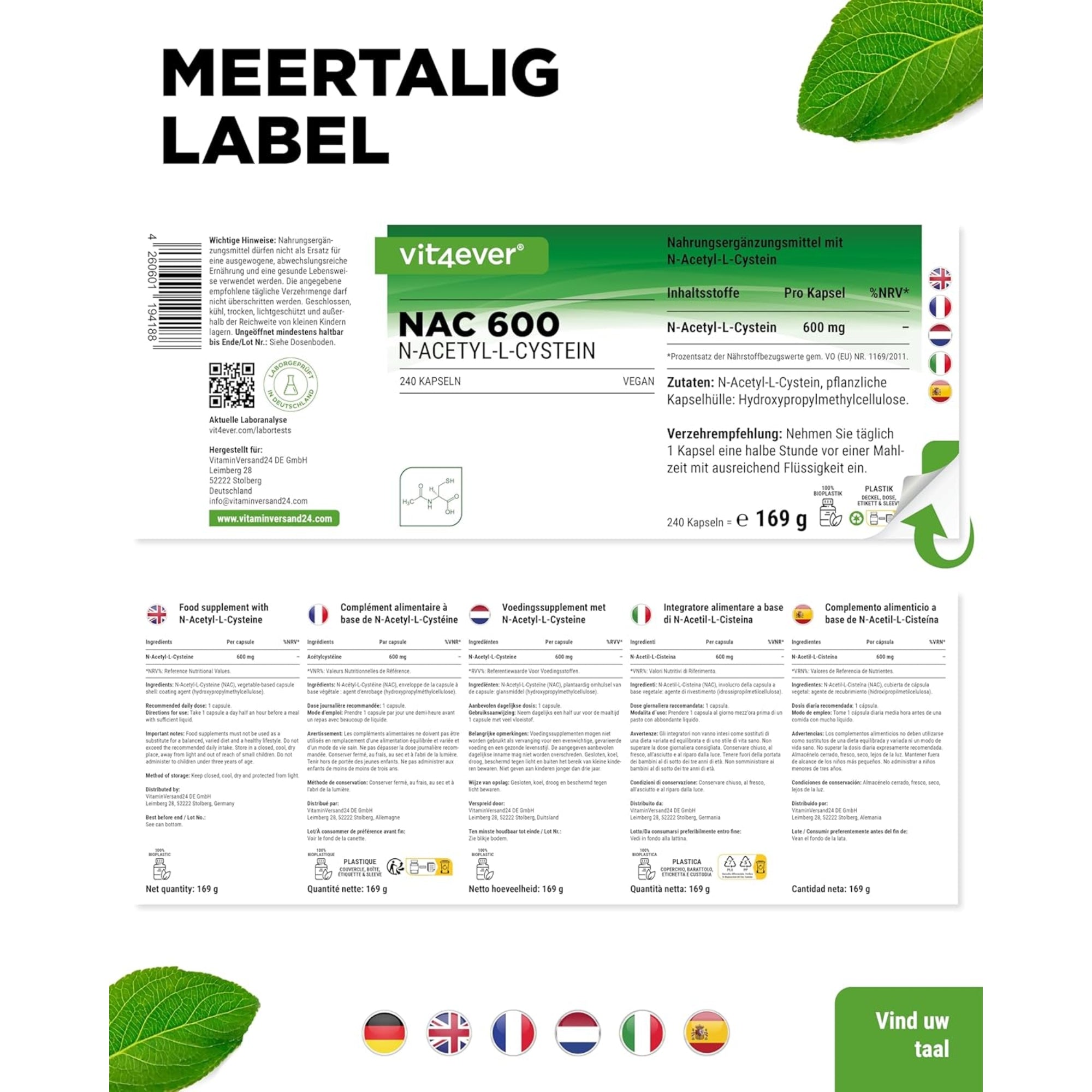 NAC | N-Acetyl-L-Cystein | 180 Kapseln | 600 mg | 6-Monats-Vorrat | Vegan | Hochdosiert | Vit4ever