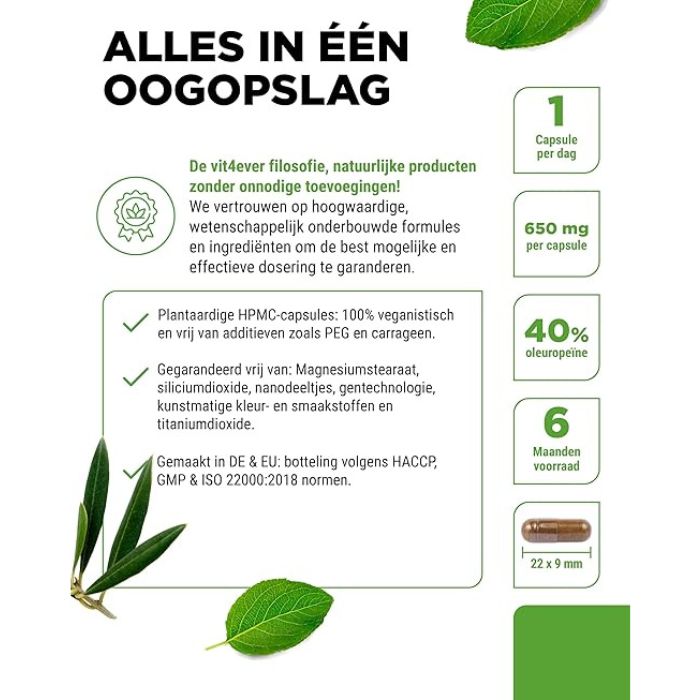 Olivenblattextrakt (40 % Oleuropein) 650 mg | 180 Kapseln | Vit4ever