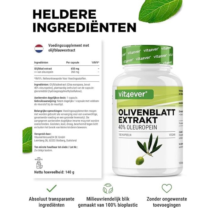 Olivenblattextrakt (40 % Oleuropein) 650 mg | 180 Kapseln | Vit4ever