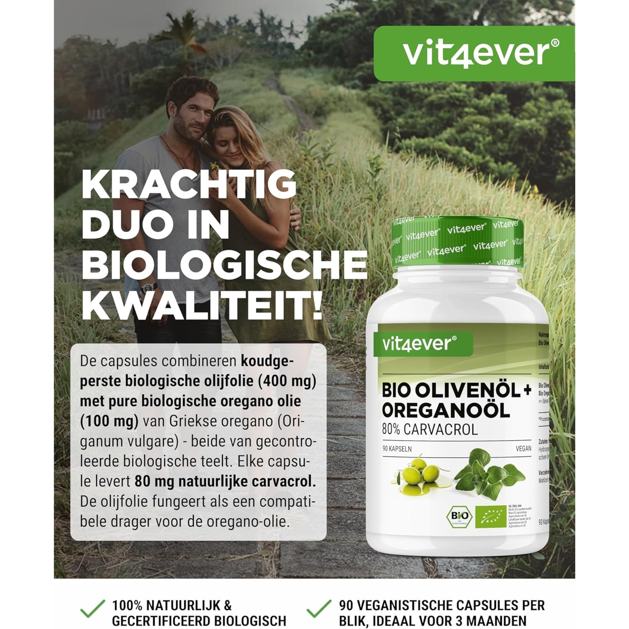Bio-Olivenöl + Oreganoöl (Carvacrol 80 mg) | 90 Kapseln | Vit4ever