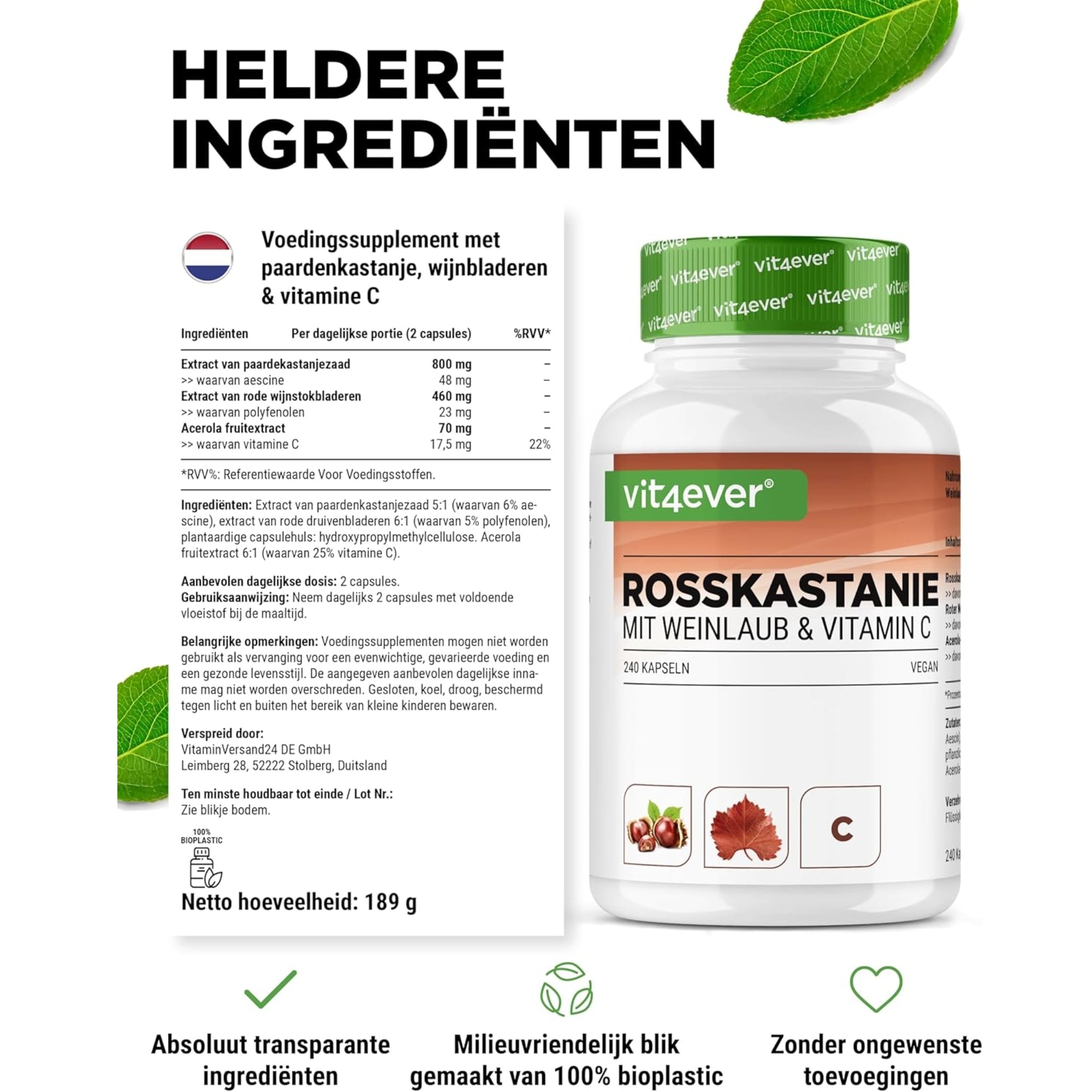 Rosskastanie & Rotwein mit Vitamin C | 240 Kapseln | vit4ever