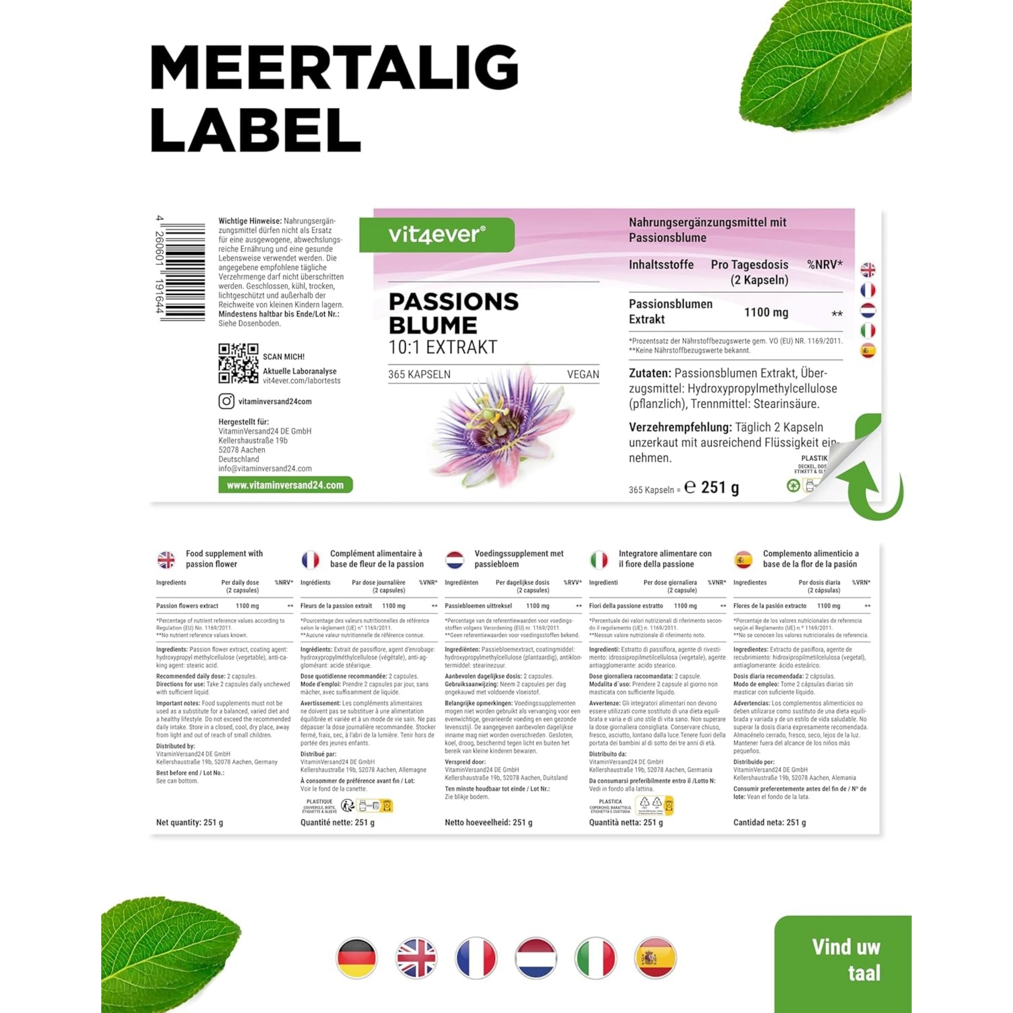 Passionsblumenextrakt 10:1 | 365 Kapseln | Vit4ever