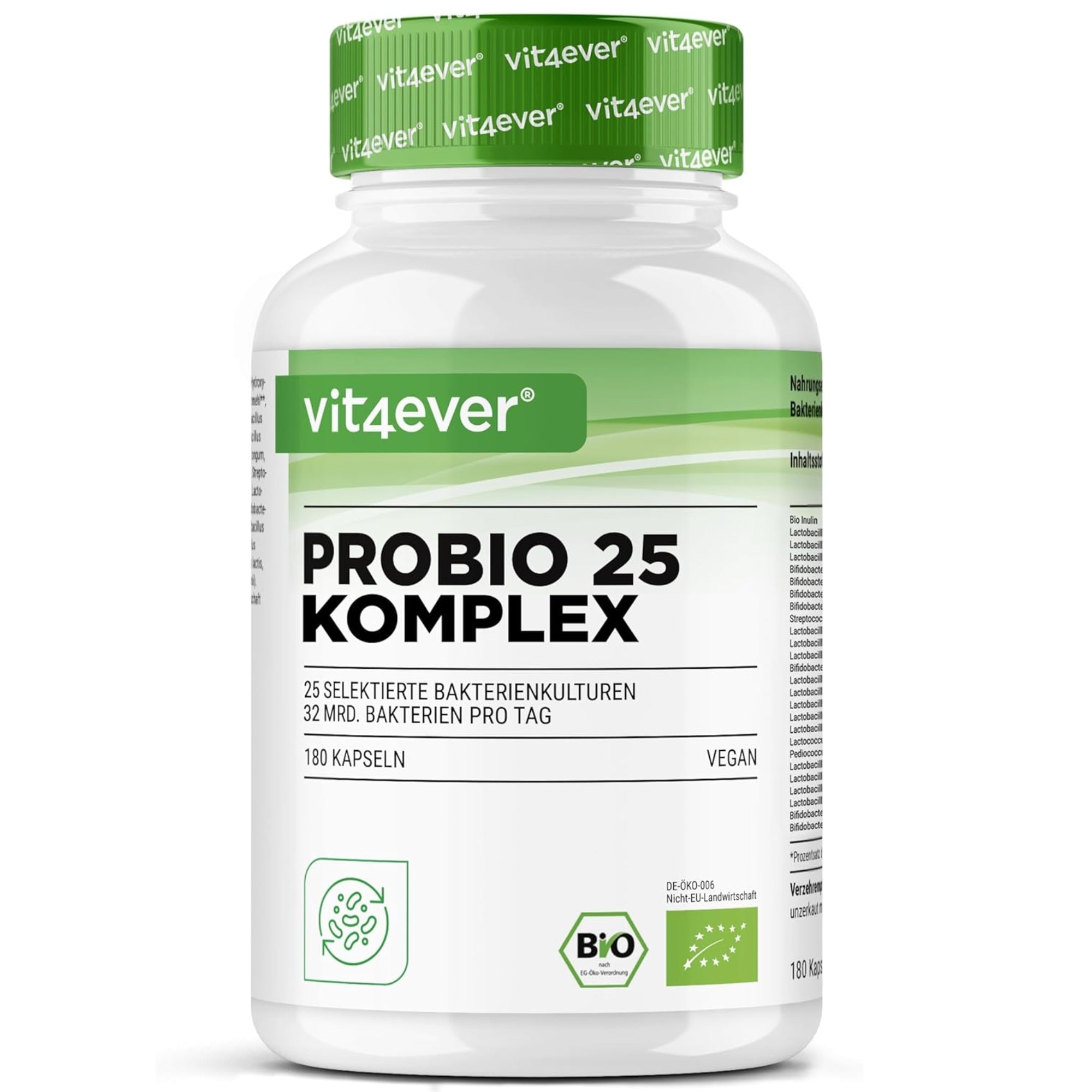 Probiotischer Komplex (Probio 25) mit 25 Bakterienstämmen + Bio-Inulin 32 Milliarden KBE | 180 Kapseln | Vit4ever