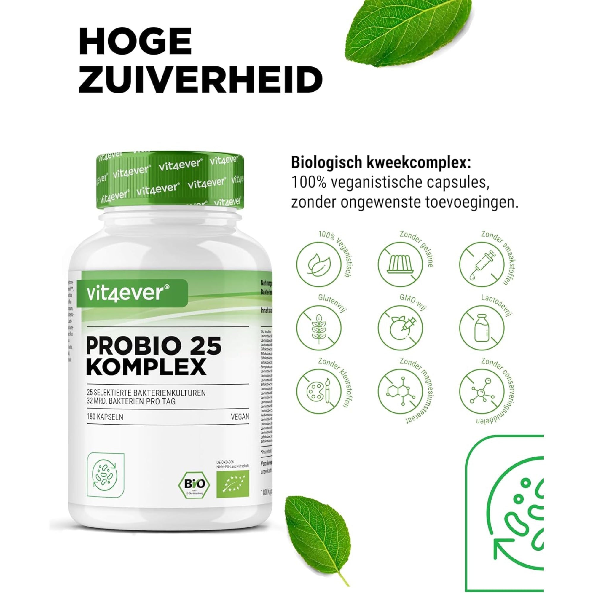 Probiotischer Komplex (Probio 25) mit 25 Bakterienstämmen + Bio-Inulin 32 Milliarden KBE | 180 Kapseln | Vit4ever
