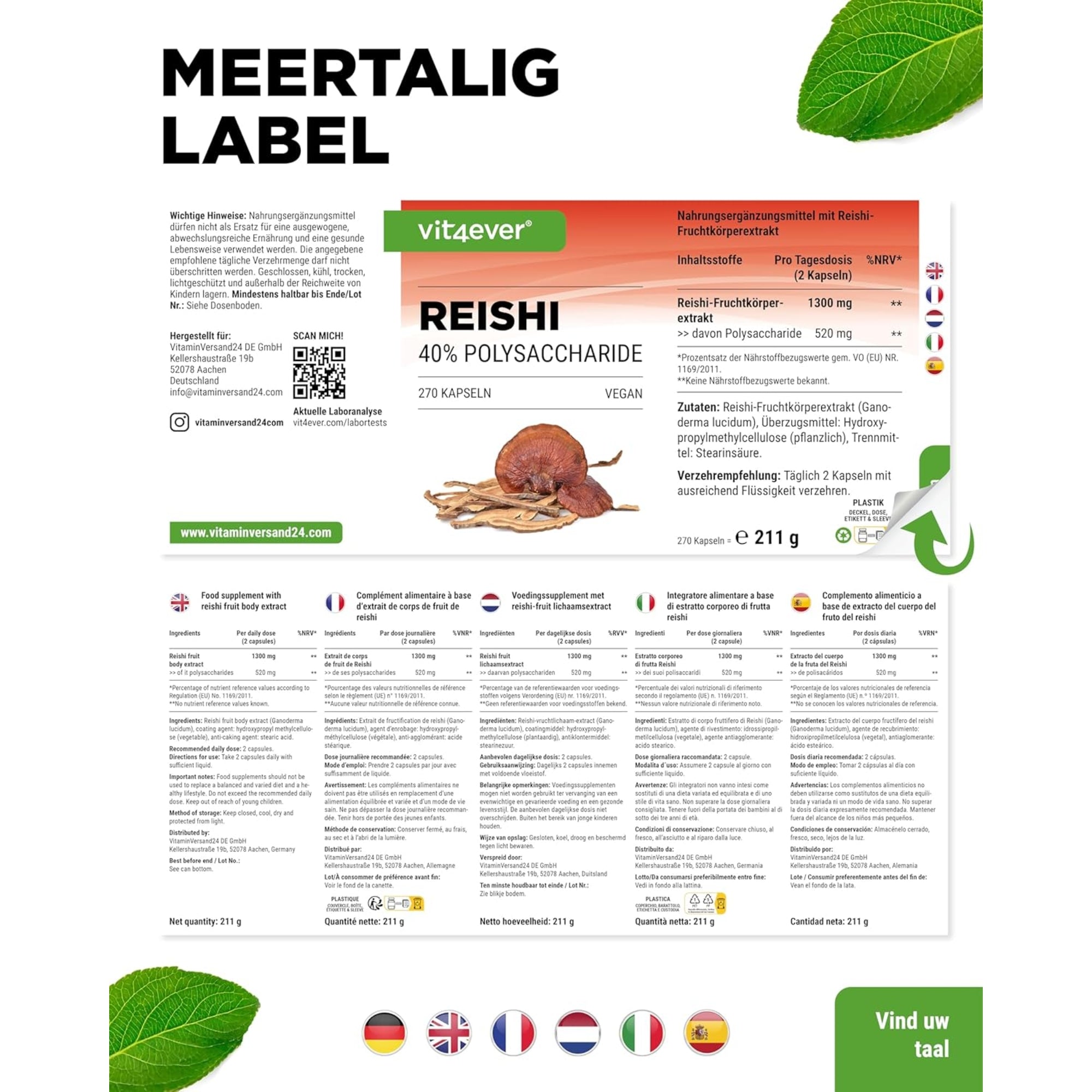 Reishi Intenso 1300 mg | 180 Kapseln | Vit4ever