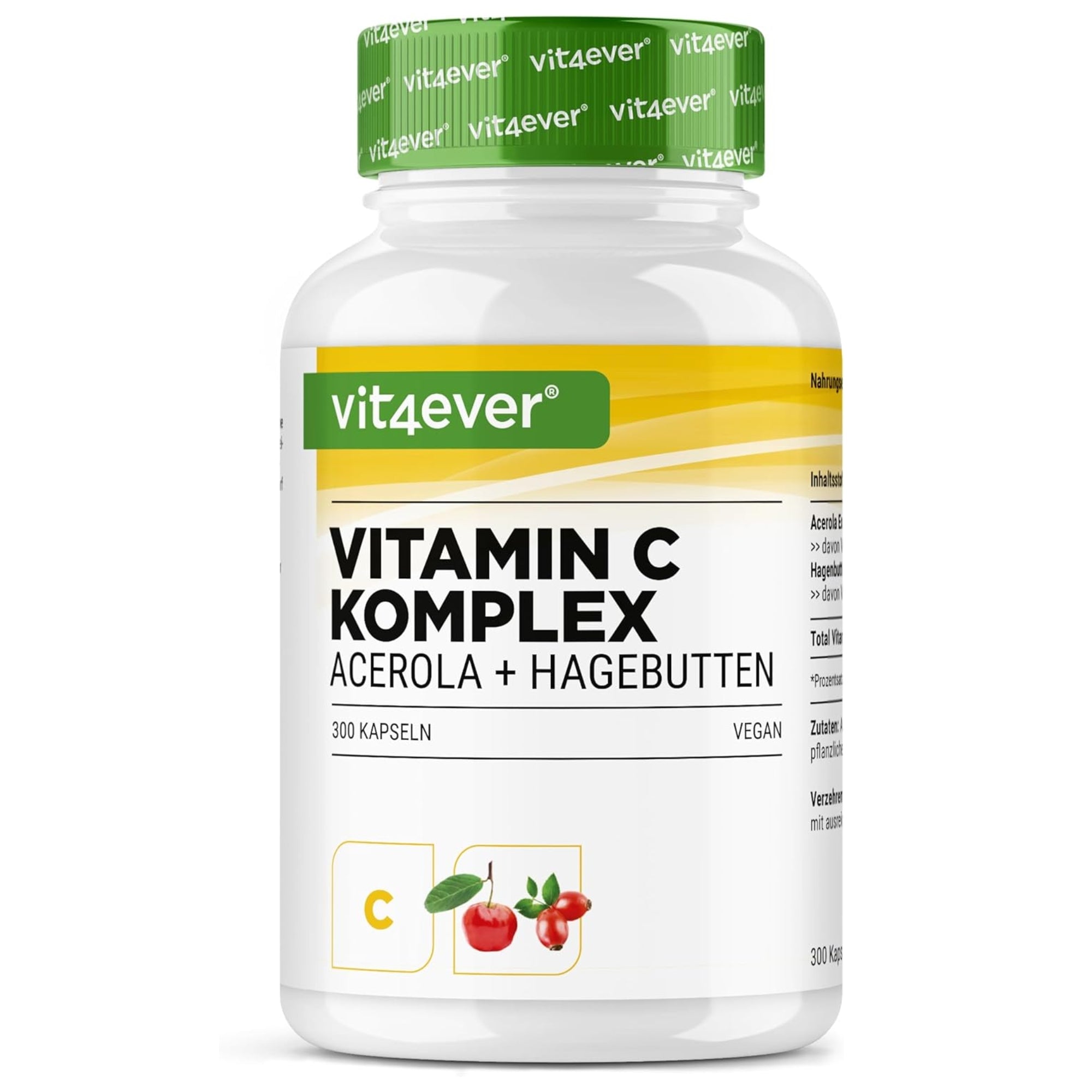 Vitamin-C-Komplex (Acerola + Hagebutte) | 300 Kapseln | Vit4ever