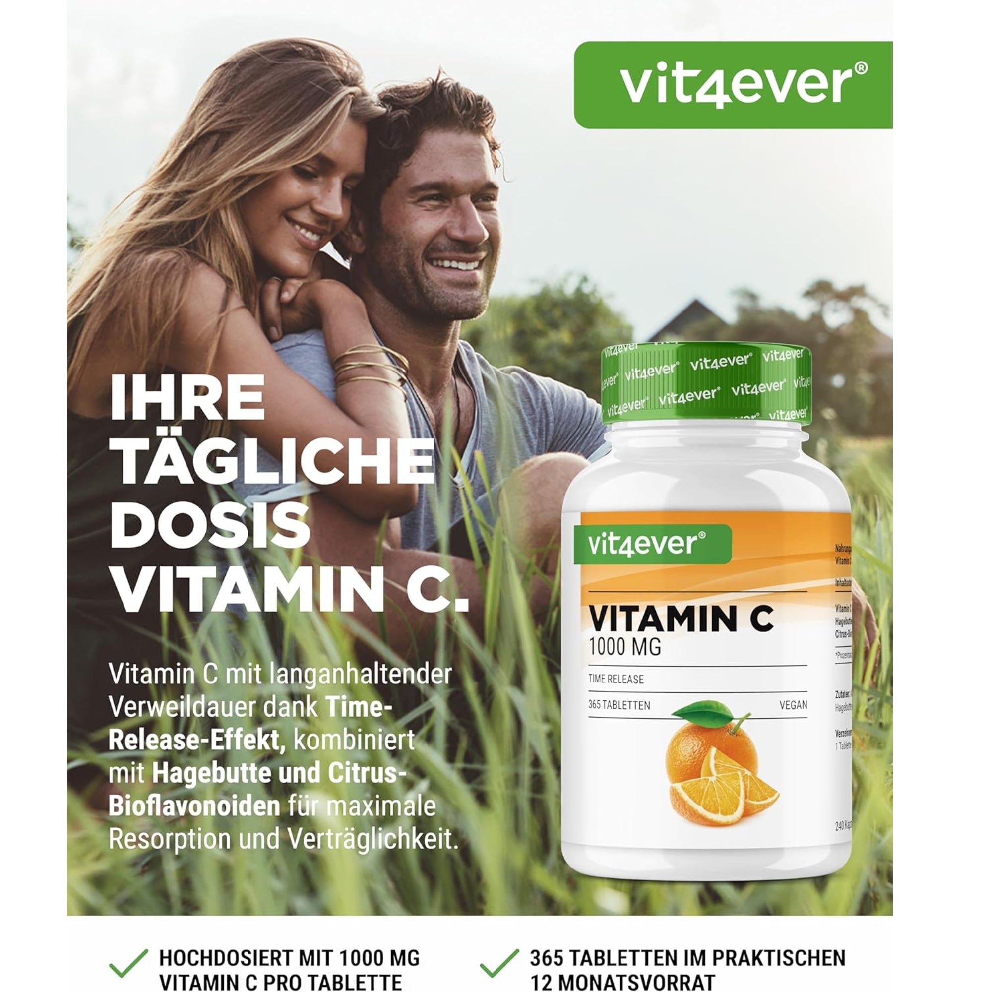 Vitamin C + Hagebuttenextrakt + Citrus-Bioflavonoide | 1000 mg | 365 Tabletten | Vit4ever