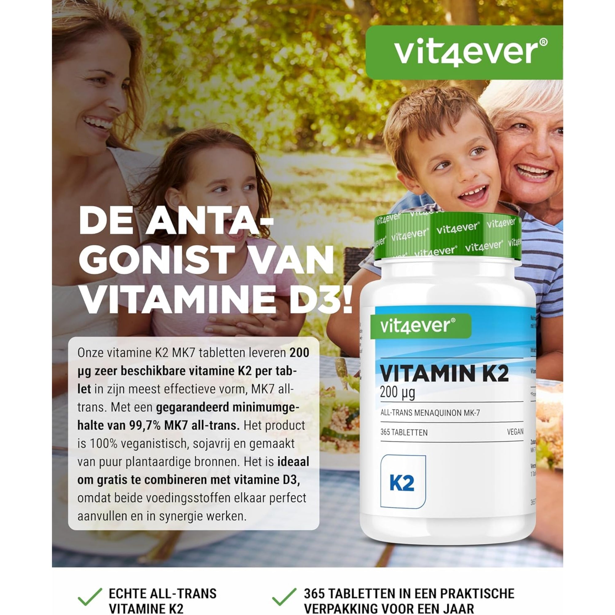 Vitamin K2 (Menachinon MK-7, All-Trans) 200 µg | 365 Tabletten | Vit4ever
