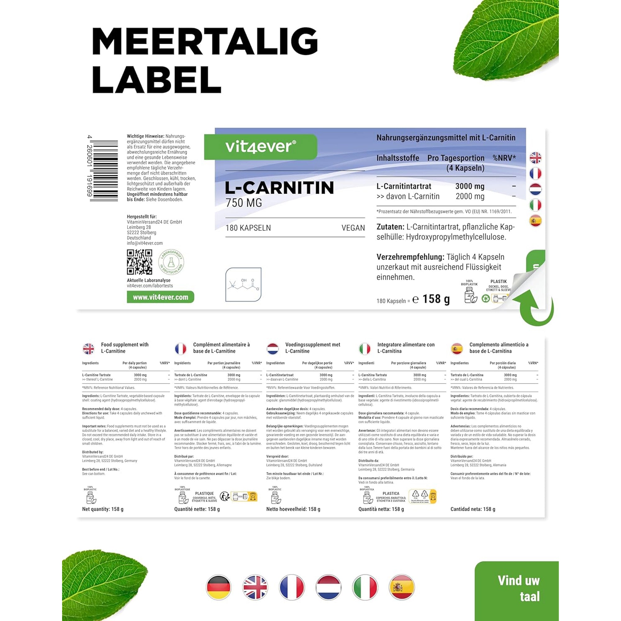 L-Carnitin-Tartrat | 3000 mg | 180 Kapseln | Vit4ever