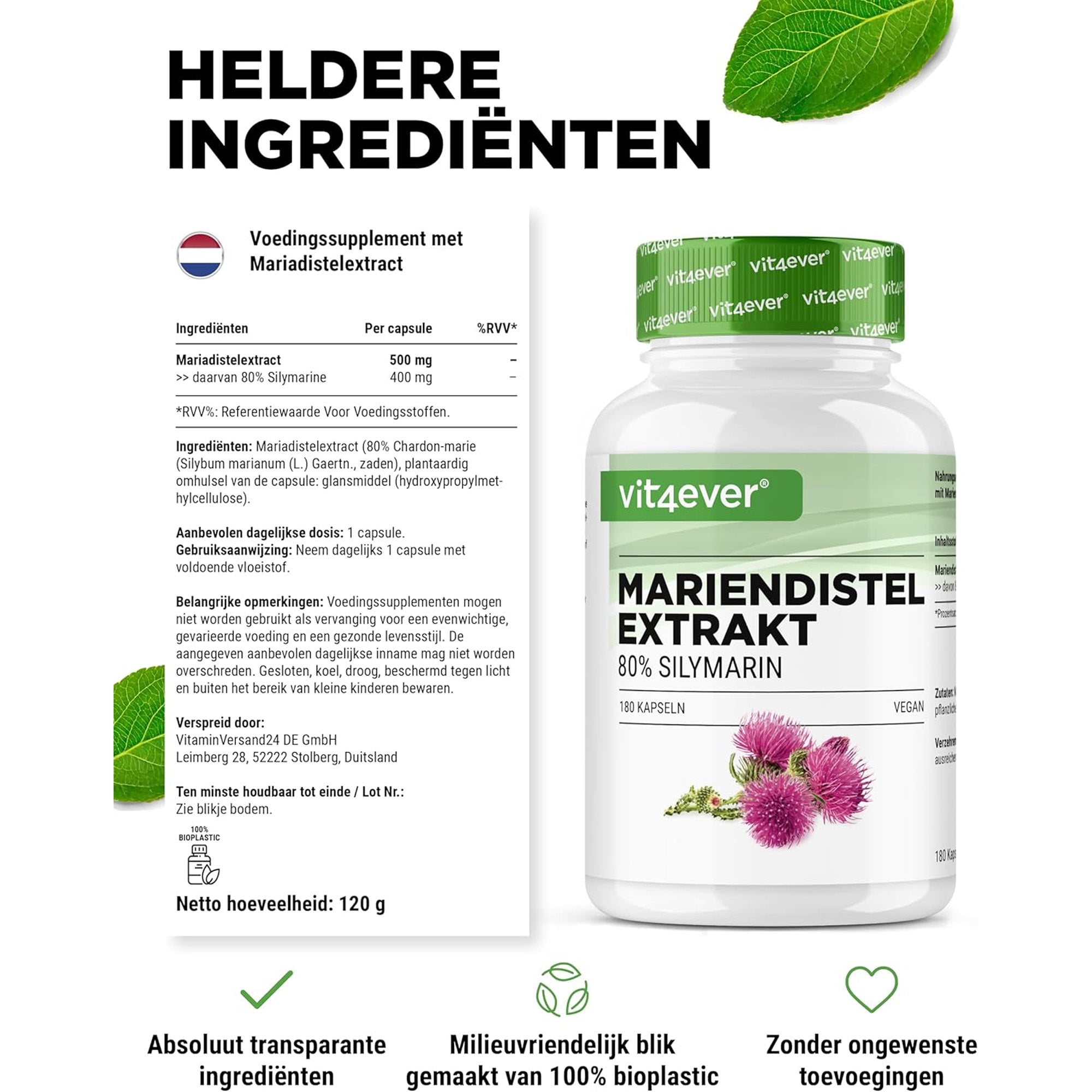 Mariendistelextrakt (80 % Silymarin) 500 mg | 180 oder 365 Kapseln | Vit4ever