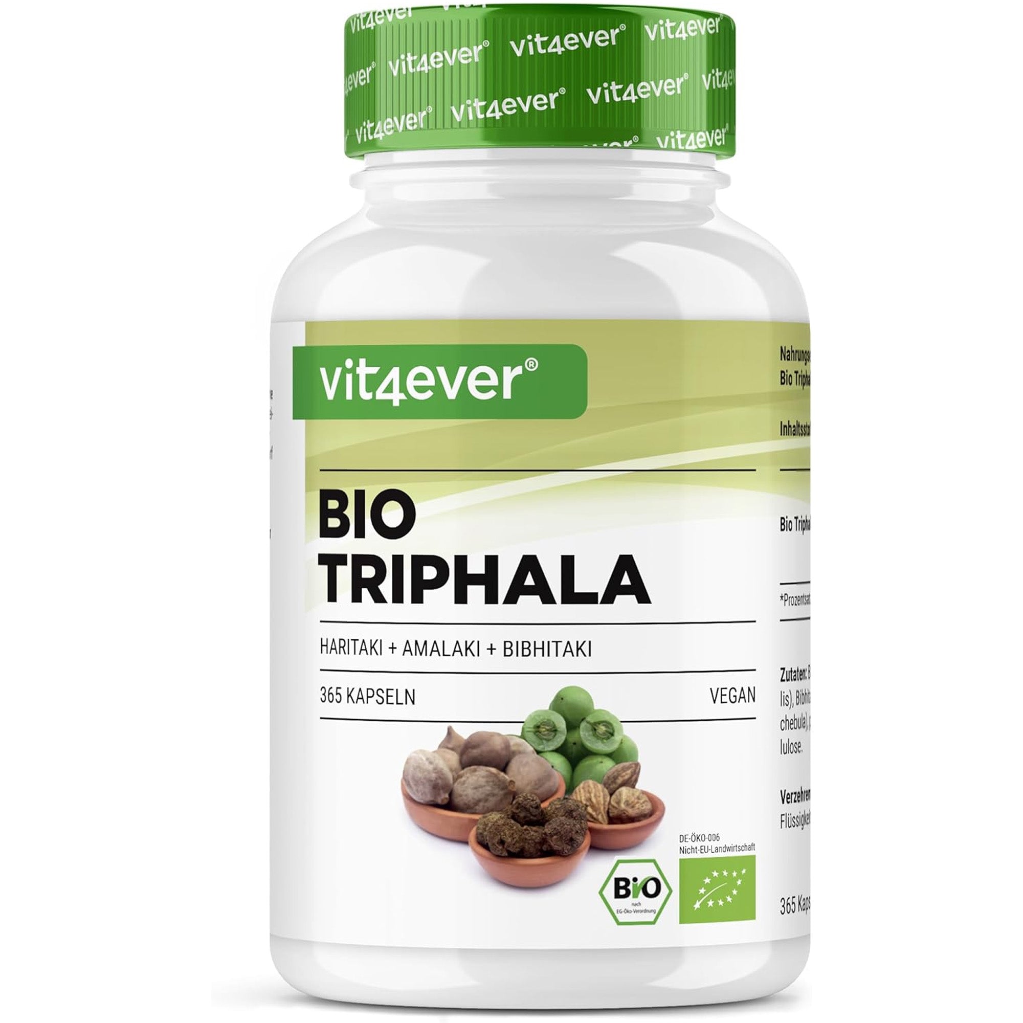 Bio-Triphala aus den drei Myrobalan-Früchten Amalaki, Bibhitaki & Haritaki | 365 Kapseln | Vit4ever