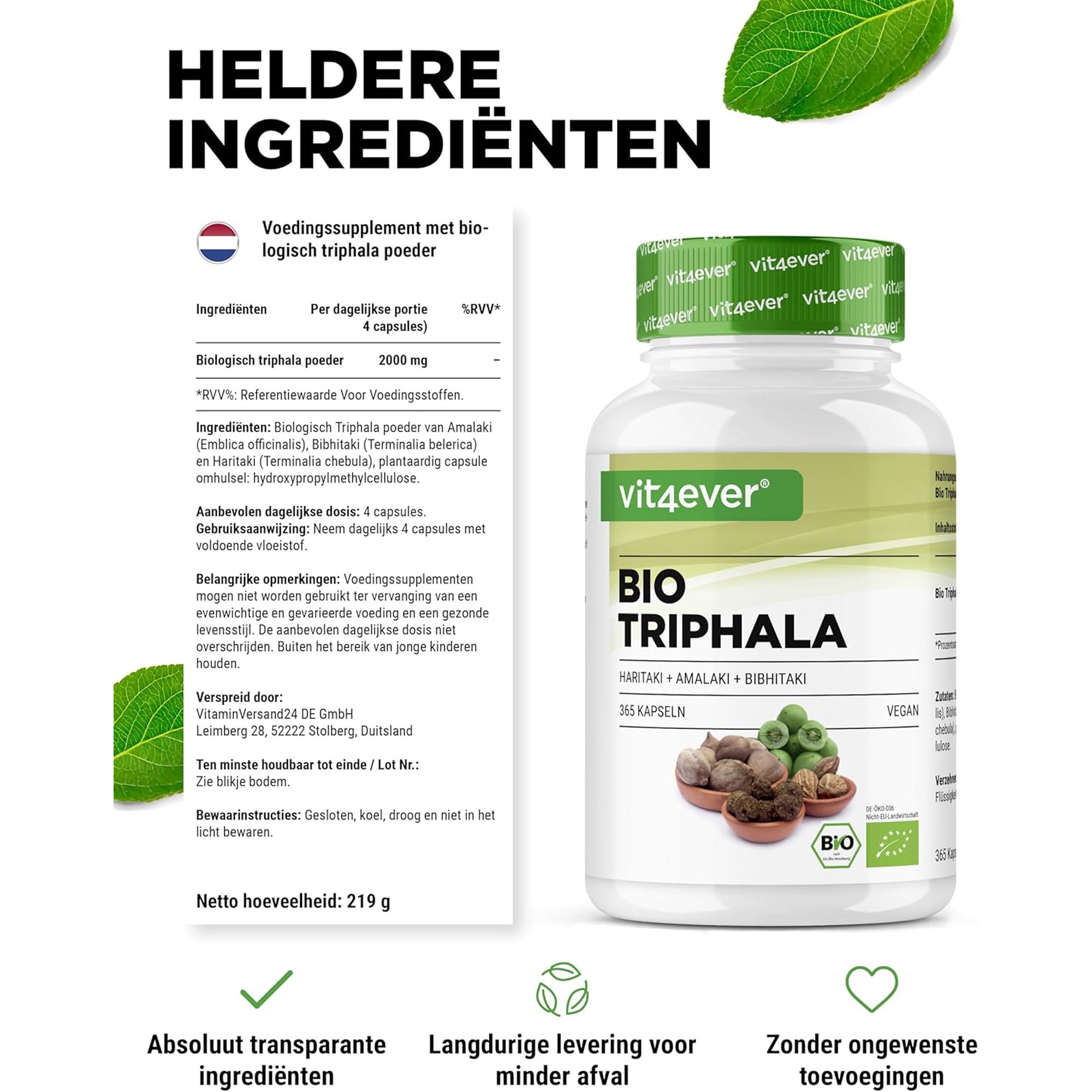 Bio-Triphala aus den drei Myrobalan-Früchten Amalaki, Bibhitaki & Haritaki | 365 Kapseln | Vit4ever