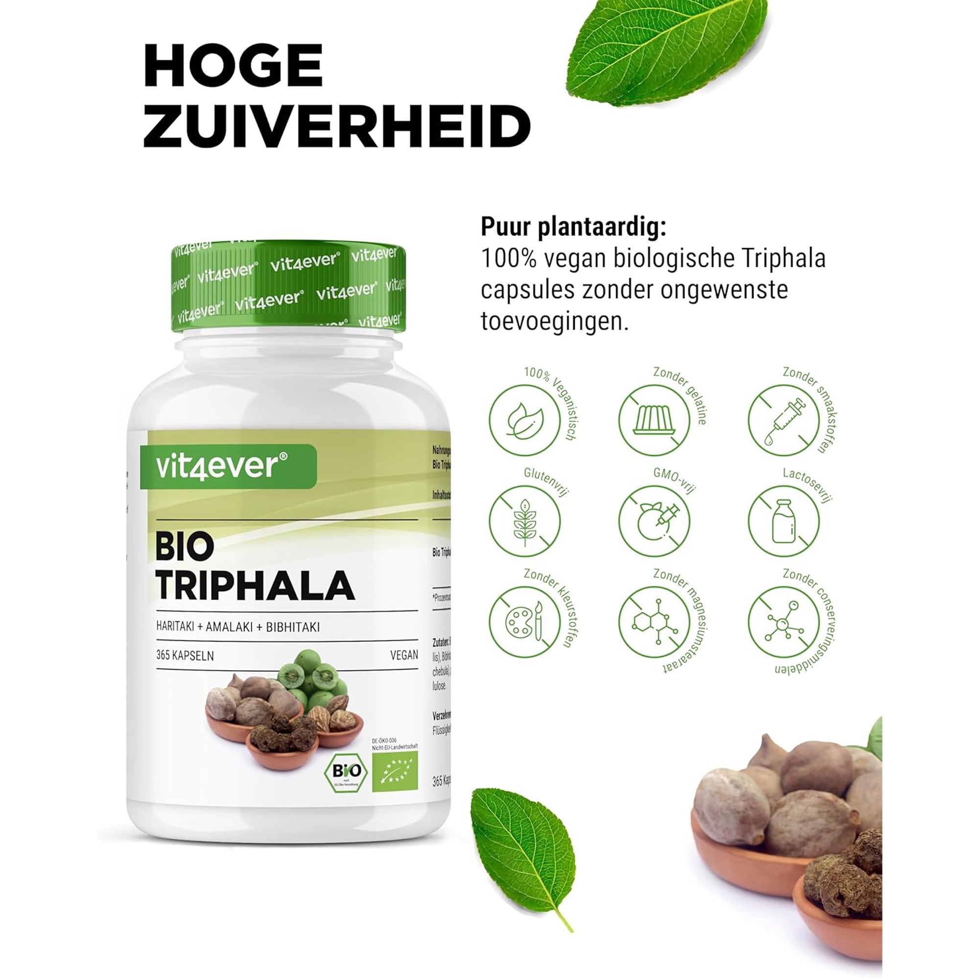 Bio-Triphala aus den drei Myrobalan-Früchten Amalaki, Bibhitaki & Haritaki | 365 Kapseln | Vit4ever