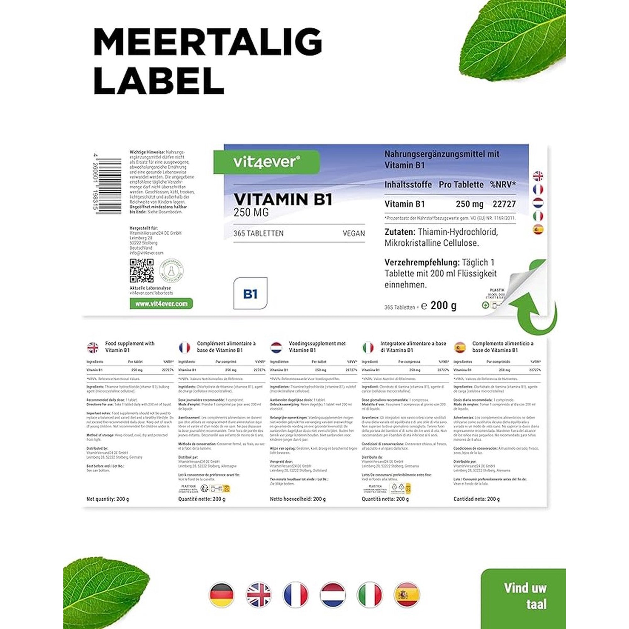 Vitamin B1 (Thiamin) 250 mg | 365 Tabletten | Vit4ever