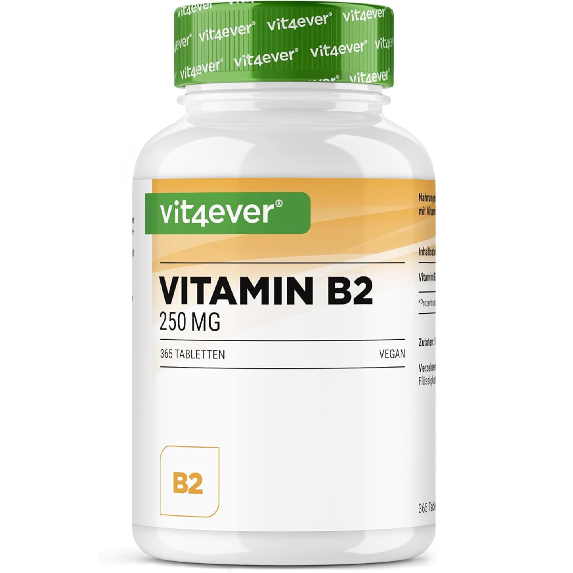 Potje Vit4ever Vitamine B2 met 365 vegan tabletten, duidelijk zichtbaar etiket.
