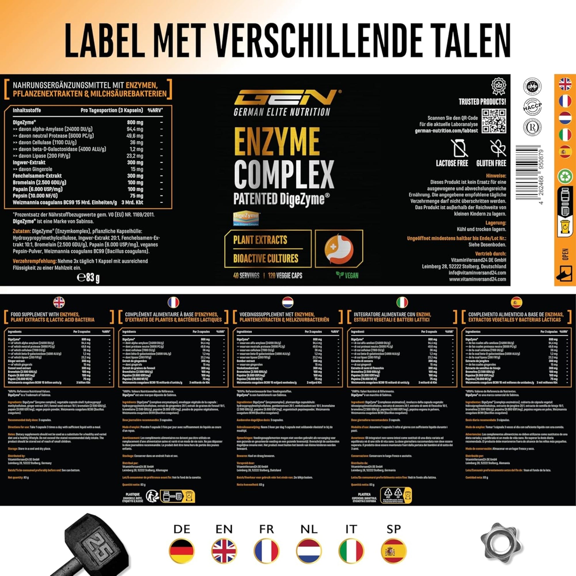 Enzymkomplex (DigeZyme®, Probiotika &amp; Pflanzenextrakte) | 120 Kapseln | German Elite Nutrition