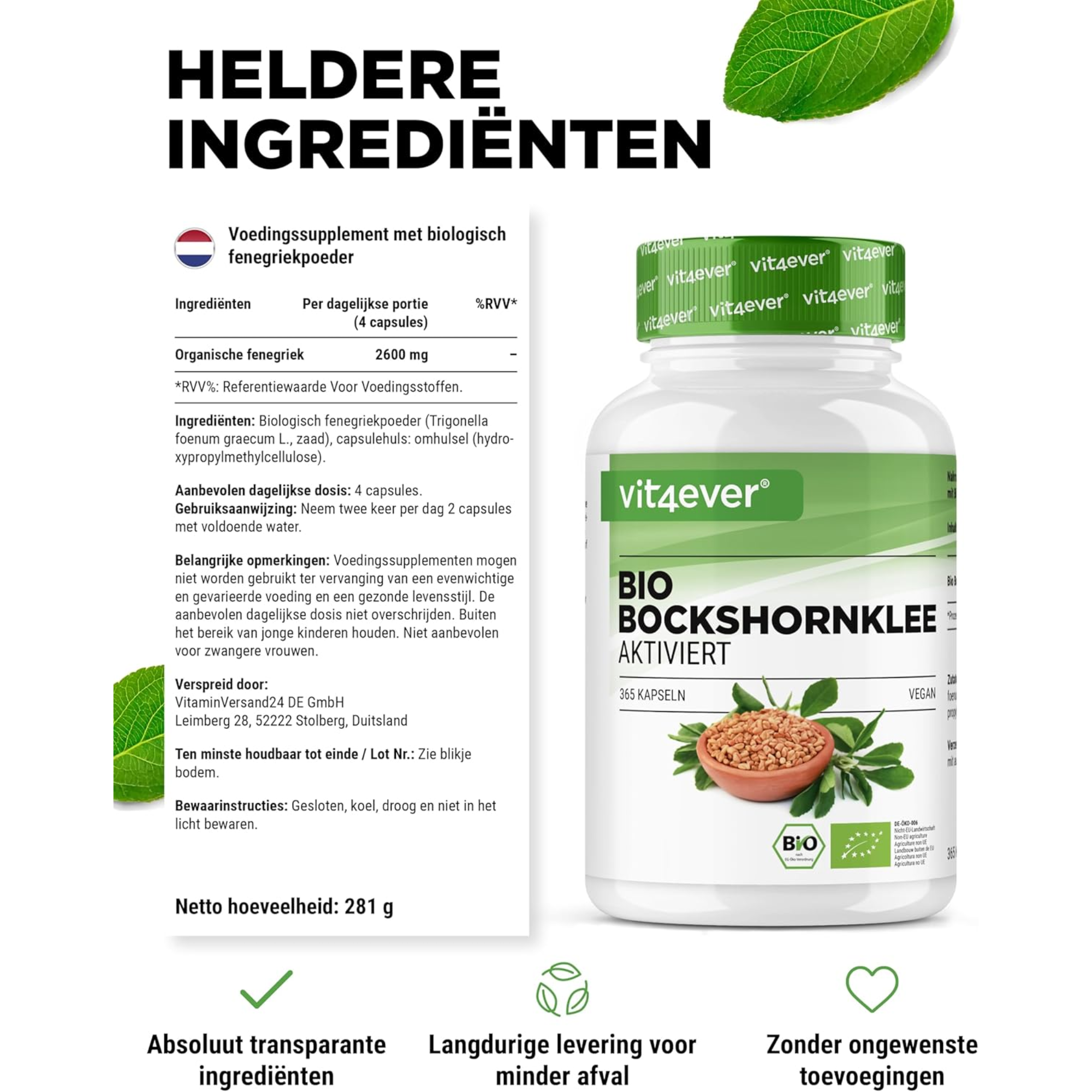 Bio-Bockshornklee 2600 mg | 365 Kapseln | Vit4ever 