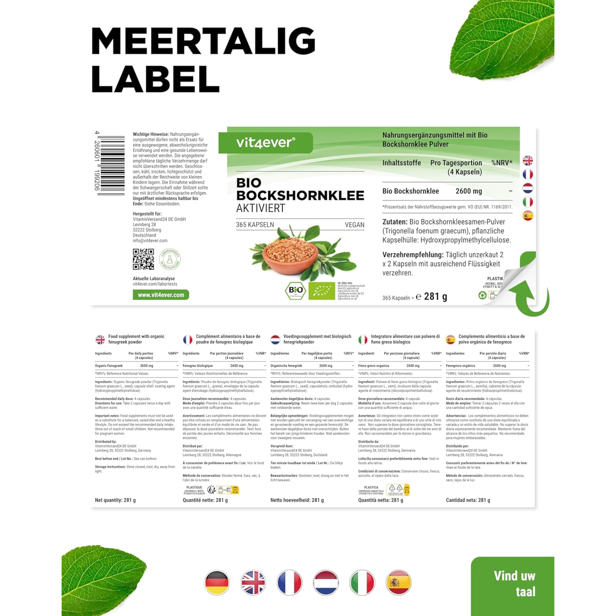 Bio-Bockshornklee 2600 mg | 365 Kapseln | Vit4ever 