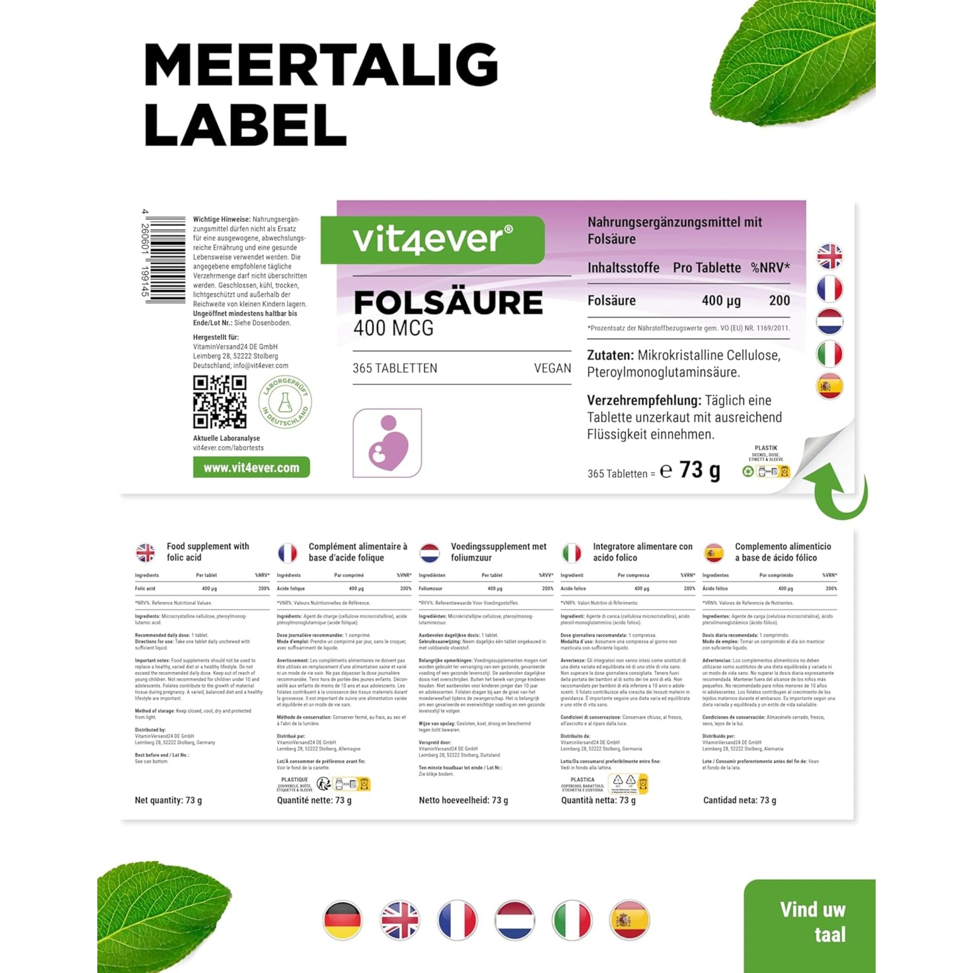Folsäure 400 µg | 365 Tabletten | Vit4ever