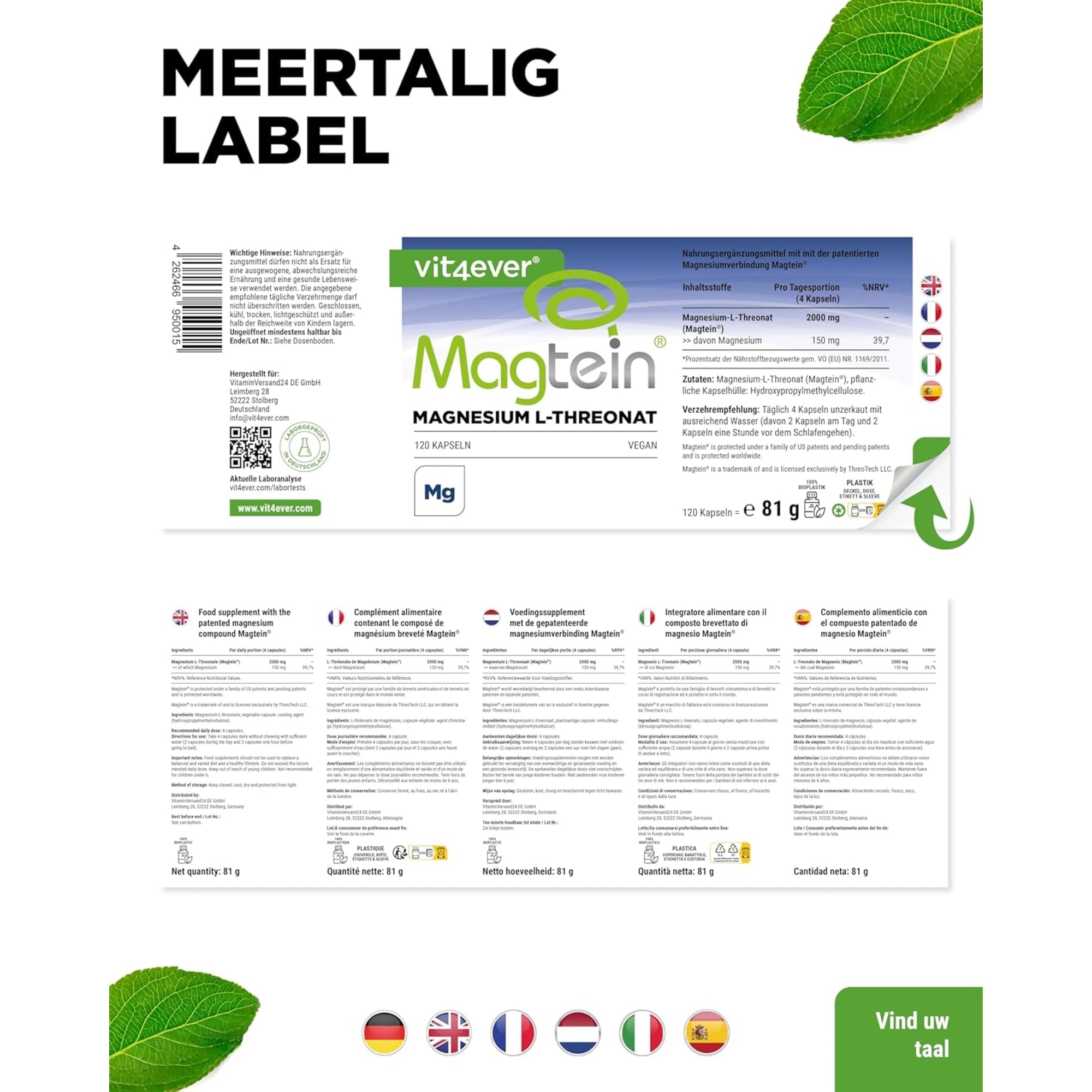 Magtein® Magnesium L-Threonaat | 120 capsules | Vit4ever