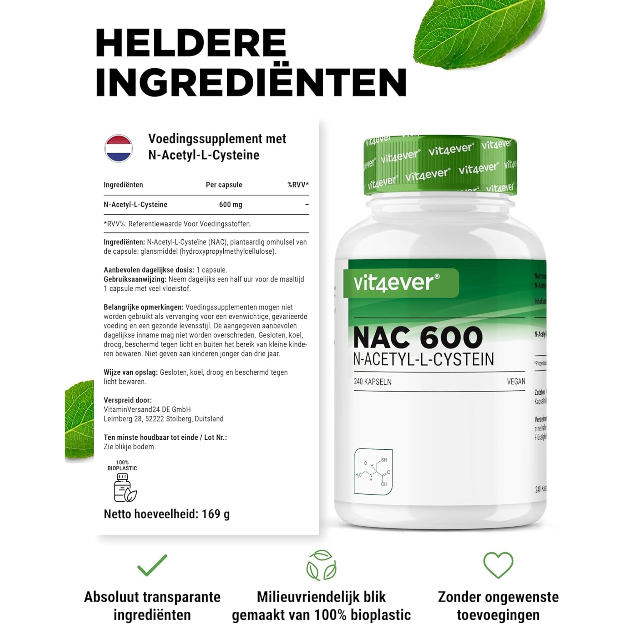 NAC | N-Acetyl-L-Cystein | 180 Kapseln | 600 mg | 6-Monats-Vorrat | Vegan | Hochdosiert | Vit4ever