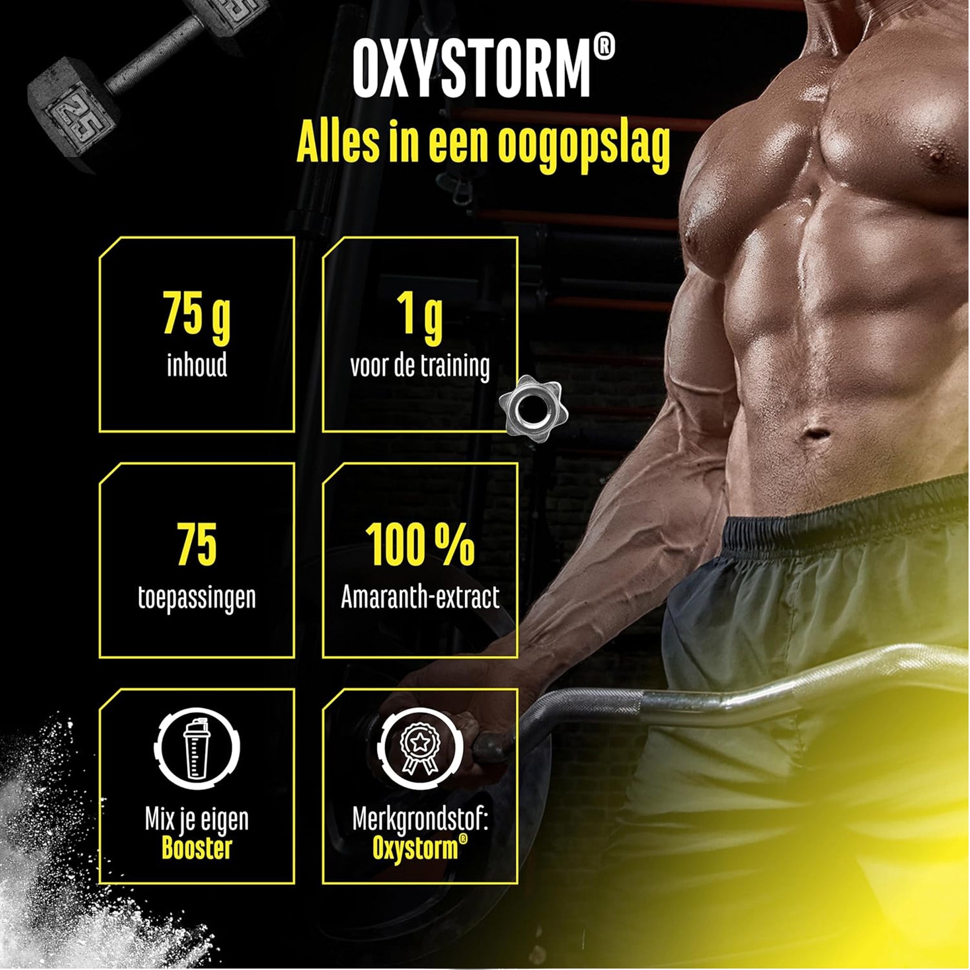 Overzicht van Oxystorm® Nitrate Powder: 75 g inhoud, 1 g per dosering, 75 toepassingen en 100% Amaranthus-extract.