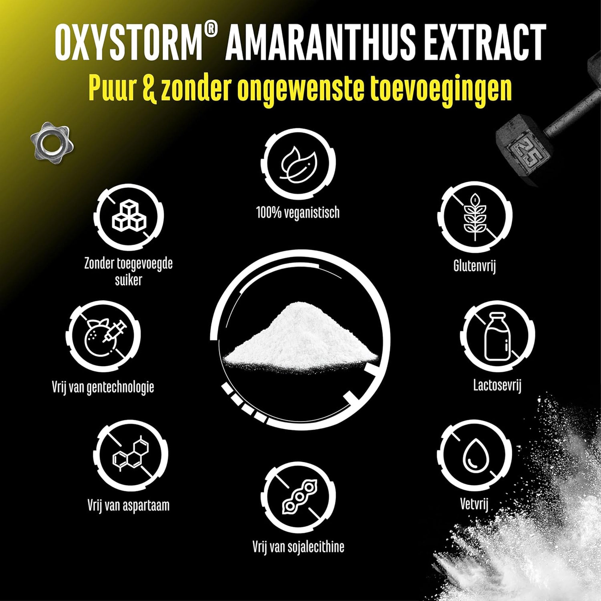 Oxystorm® Amaranthus-extract poeder en pictogrammen voor vegan, glutenvrij, lactosevrij, vetvrij en GMO-vrij.