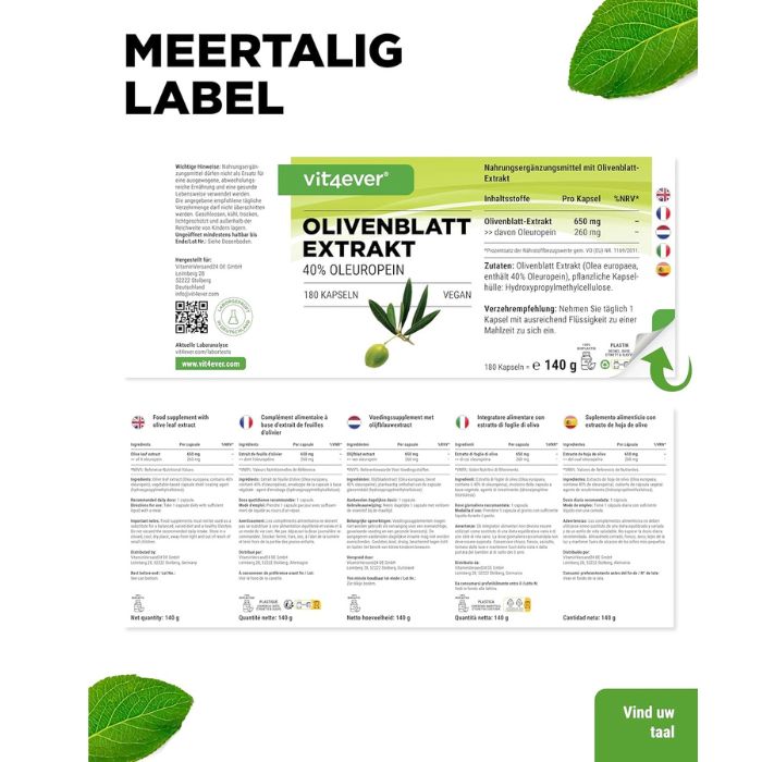 Olivenblattextrakt (40 % Oleuropein) 650 mg | 180 Kapseln | Vit4ever