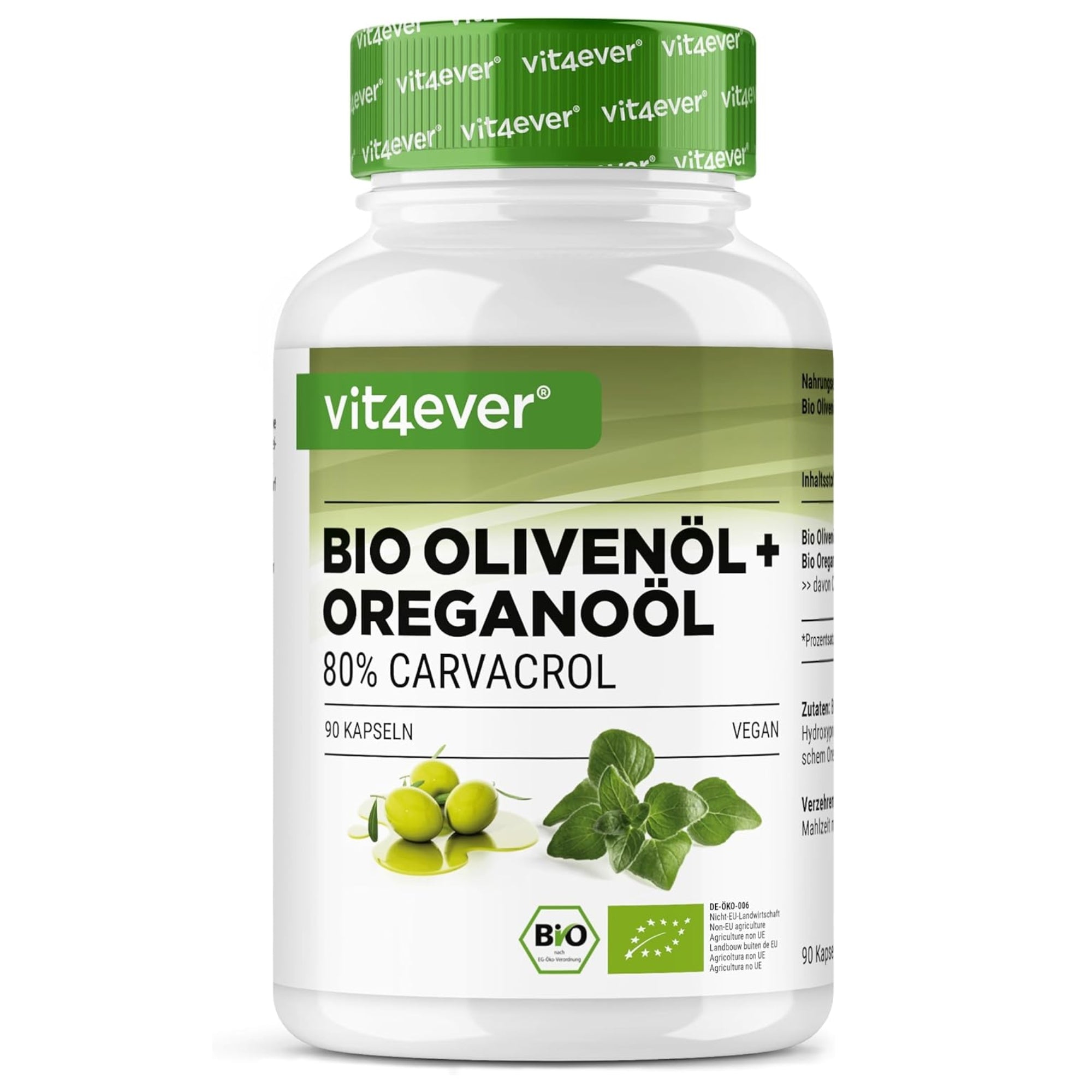 Bio-Olivenöl + Oreganoöl (Carvacrol 80 mg) | 90 Kapseln | Vit4ever