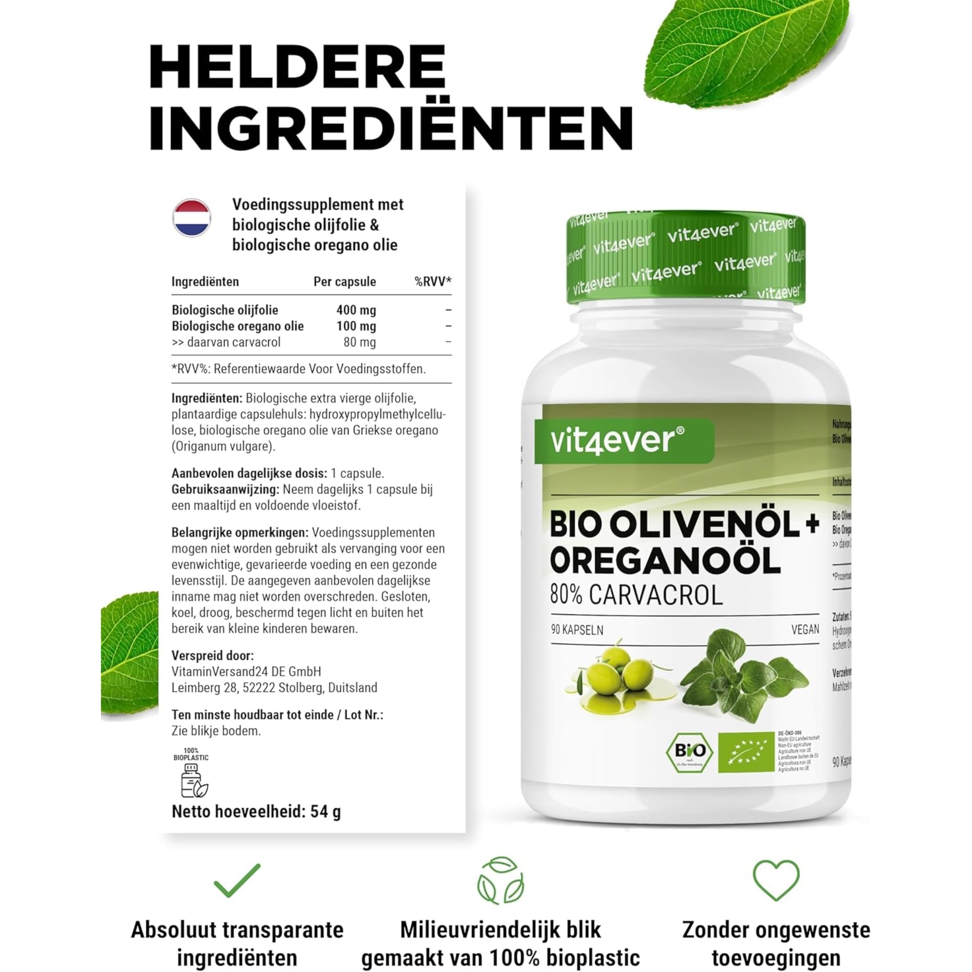 Bio-Olivenöl + Oreganoöl (Carvacrol 80 mg) | 90 Kapseln | Vit4ever