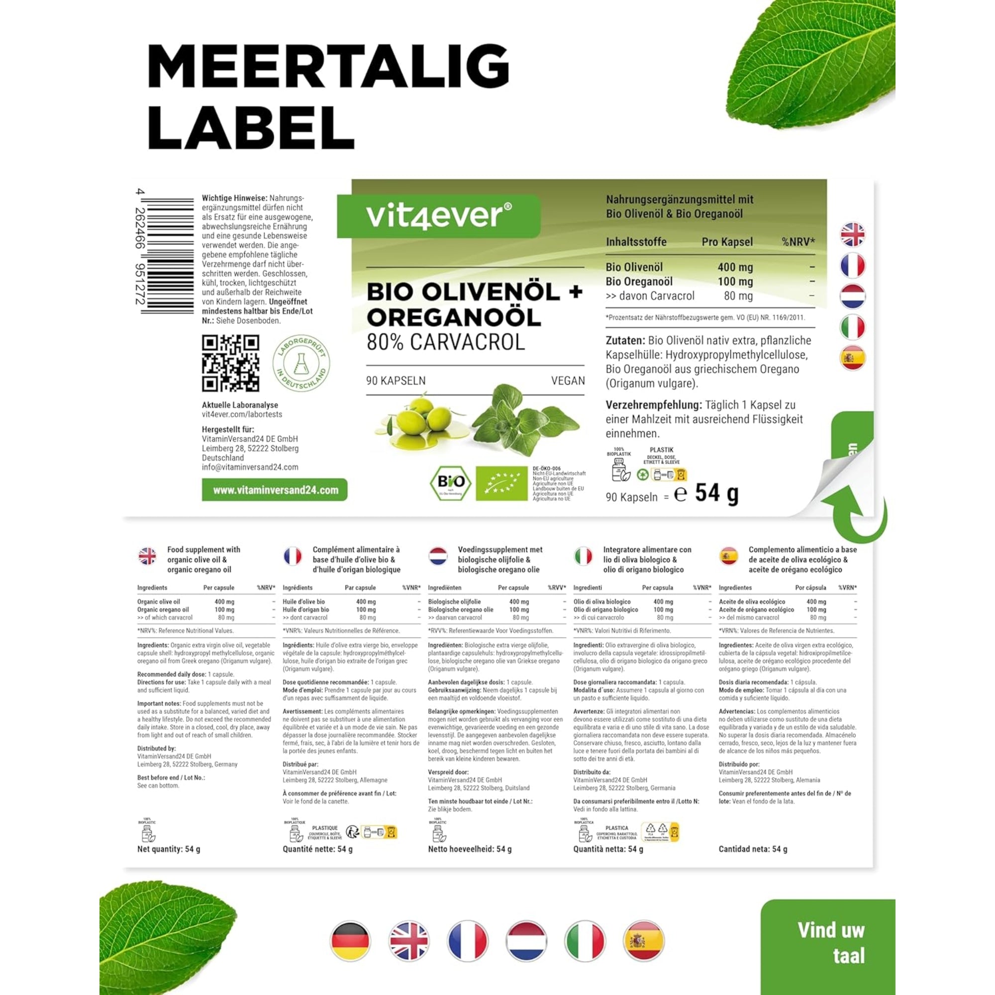 Bio-Olivenöl + Oreganoöl (Carvacrol 80 mg) | 90 Kapseln | Vit4ever