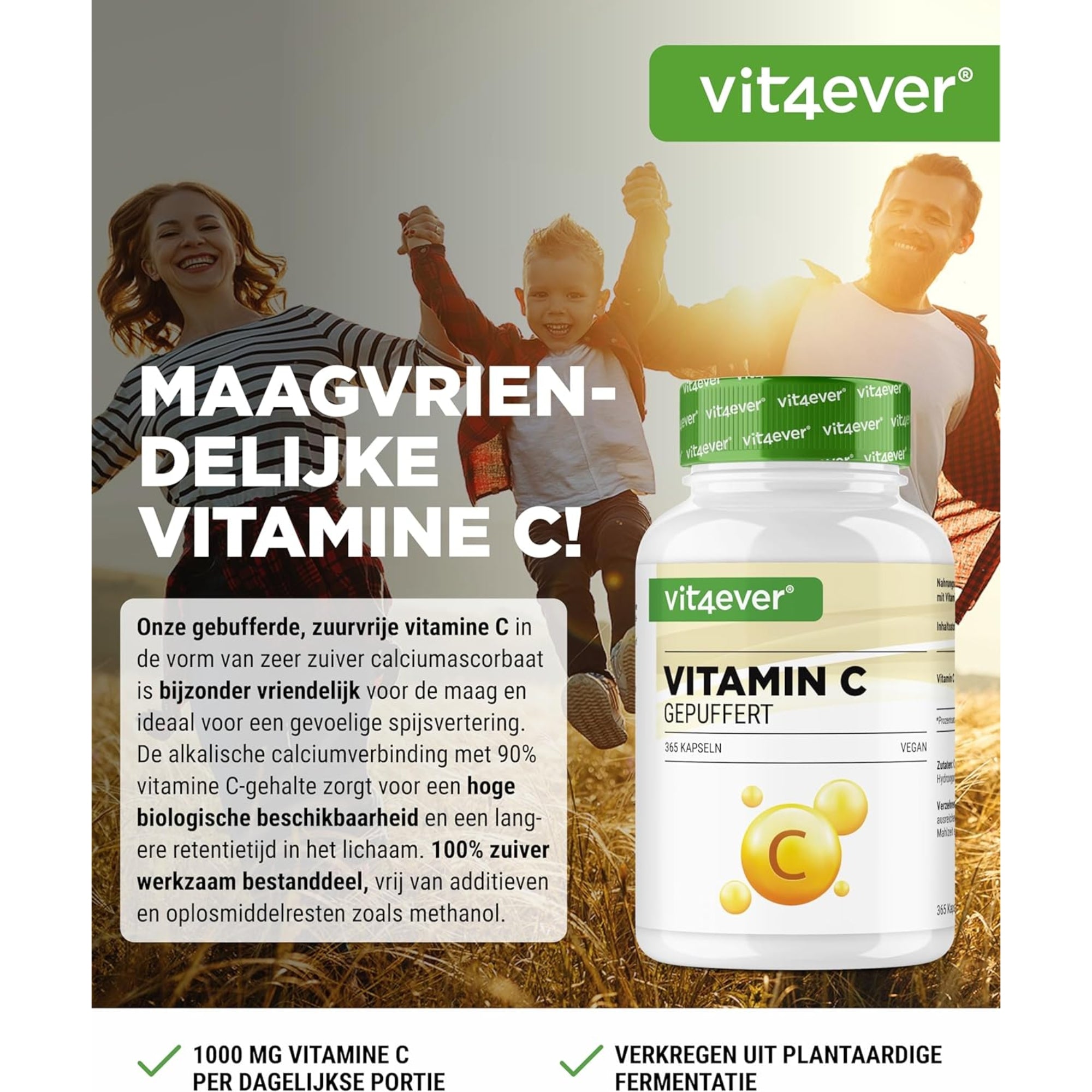 Gepuffertes Vitamin C | 1000 mg | 365 Kapseln | Pflanzliche Fermentation | pH-neutral | Vit4ever