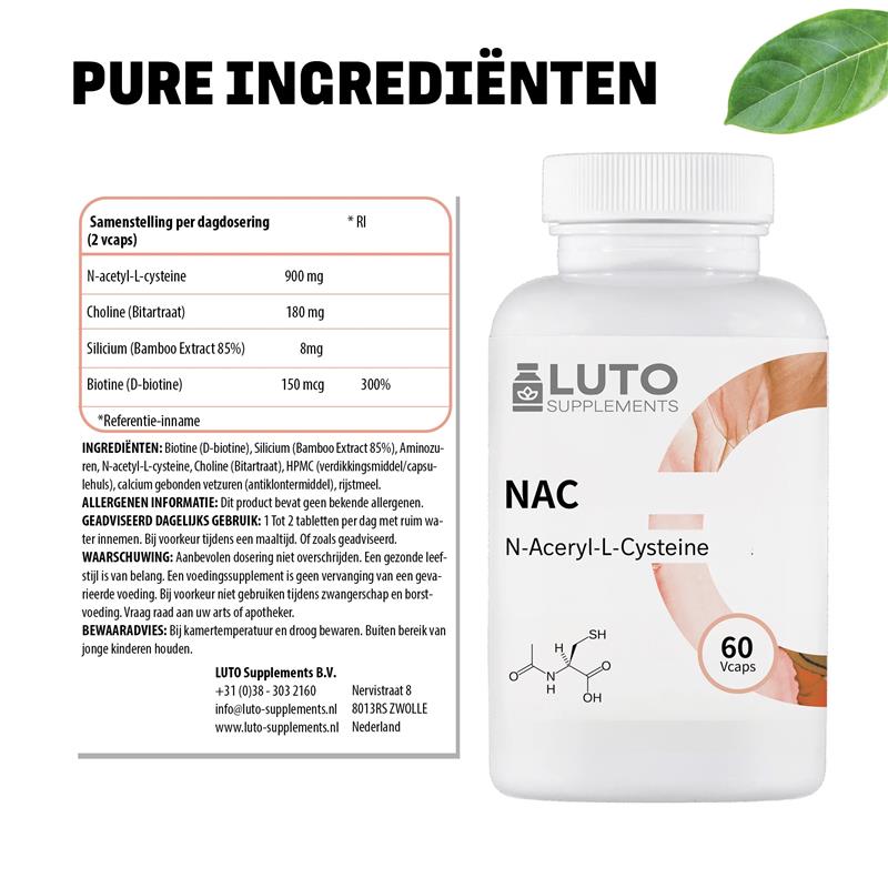 NAC-Komplex (N-Acetyl-L-Cystein) mit Cholin, Silizium und Biotin | 60 vegane Kapseln | LUTO Supplements