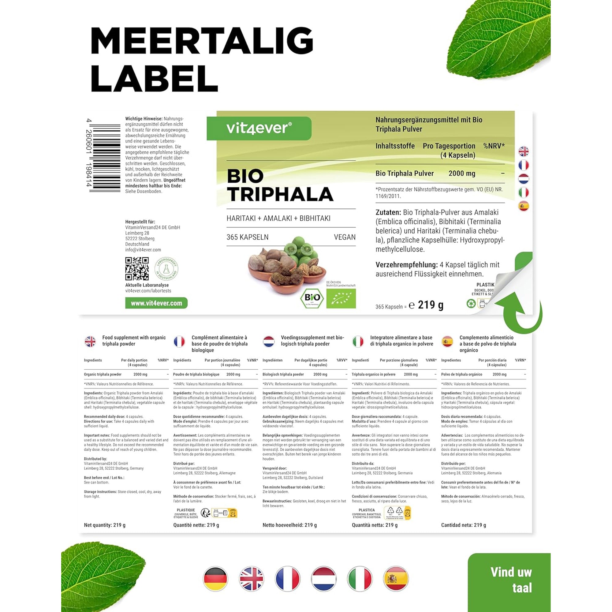 Bio-Triphala aus den drei Myrobalan-Früchten Amalaki, Bibhitaki &amp; Haritaki | 365 Kapseln | Vit4ever